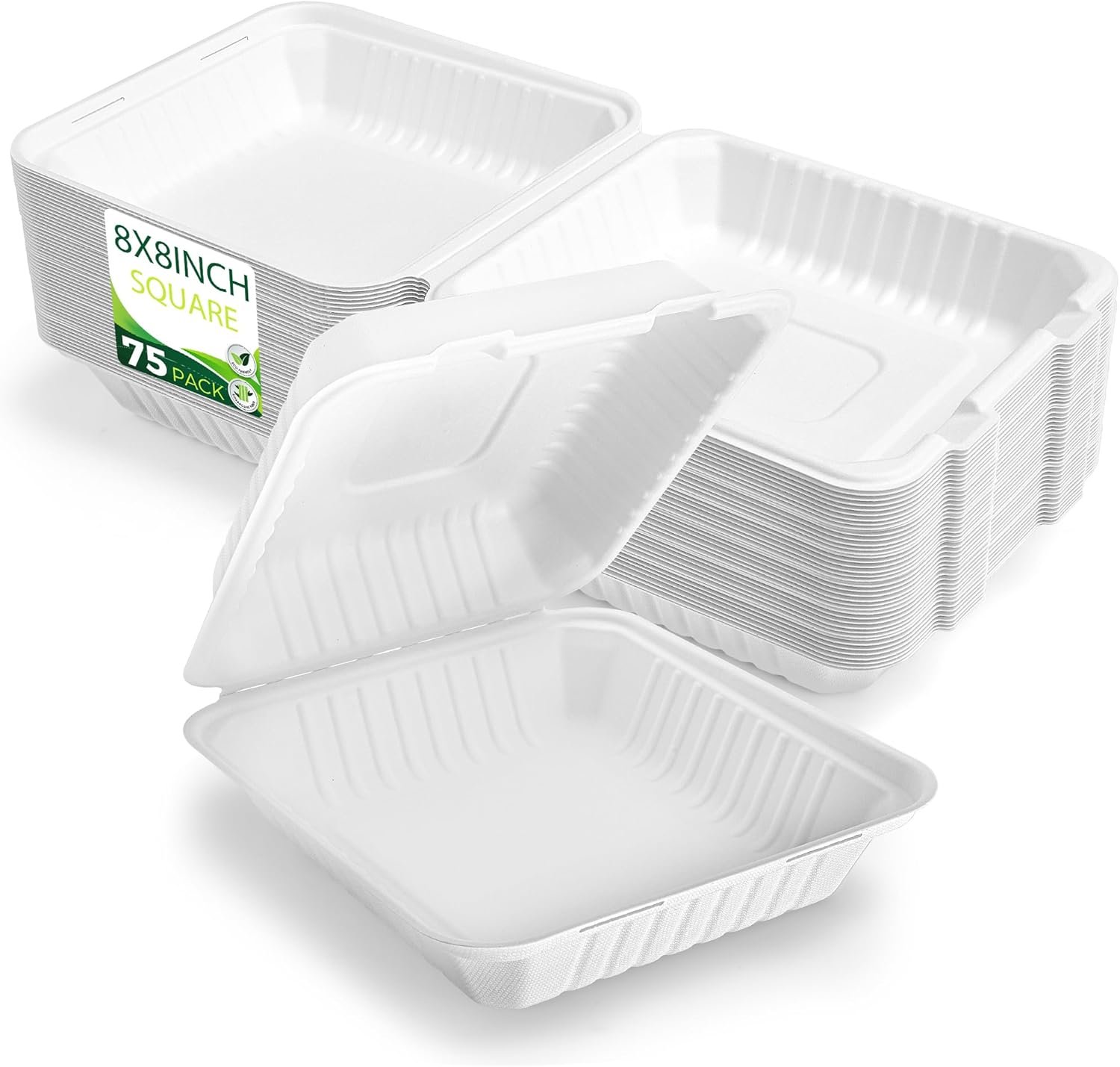 Containers à emporter 75 Pack 8"x8", Fournisseur d'Containers en Vrac, Boîtes en Plastique Biodégradables EXTRA Résistantes avec Couvercles, Logo Personnalisé, Solutions Écologiques pour Alimentation à Emporter