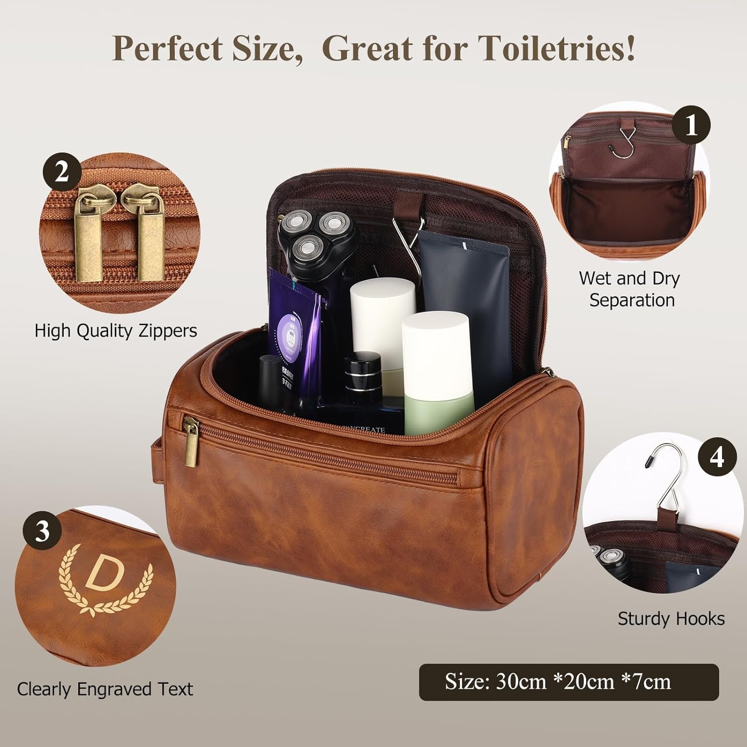 Toiletries Bag Personnalisé pour Hommes, Accessoires de Voyage Essentiels En Vrac, Logo Personnalisé, Fabricant Offre pour Cadeaux d'Anniversaire (J, Marron Clair)