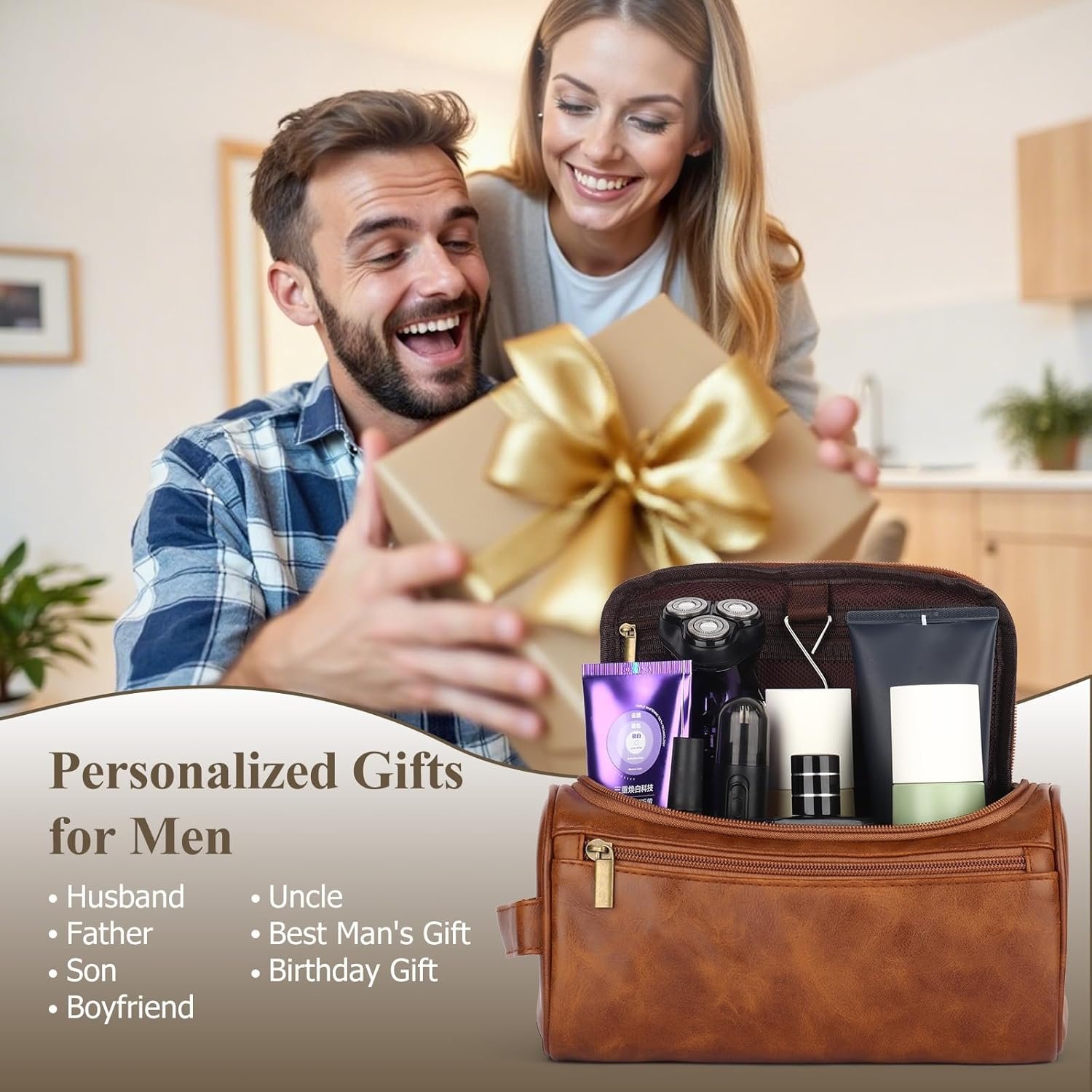 Toiletries Bag Personnalisé pour Hommes, Accessoires de Voyage Essentiels En Vrac, Logo Personnalisé, Fabricant Offre pour Cadeaux d'Anniversaire (J, Marron Clair)
