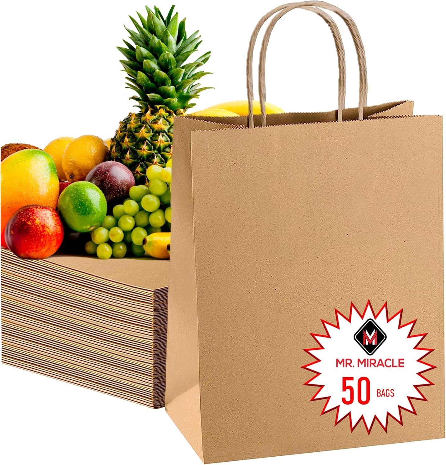 Grossiste de sacs en papier kraft de 57 lb avec poignées - 50 pièces 12 x 17 x 7 - Sacs de shopping durables, réutilisables et écologiques, mariage avec logo personnalisé pour tout événement, take-out et vente en gros.