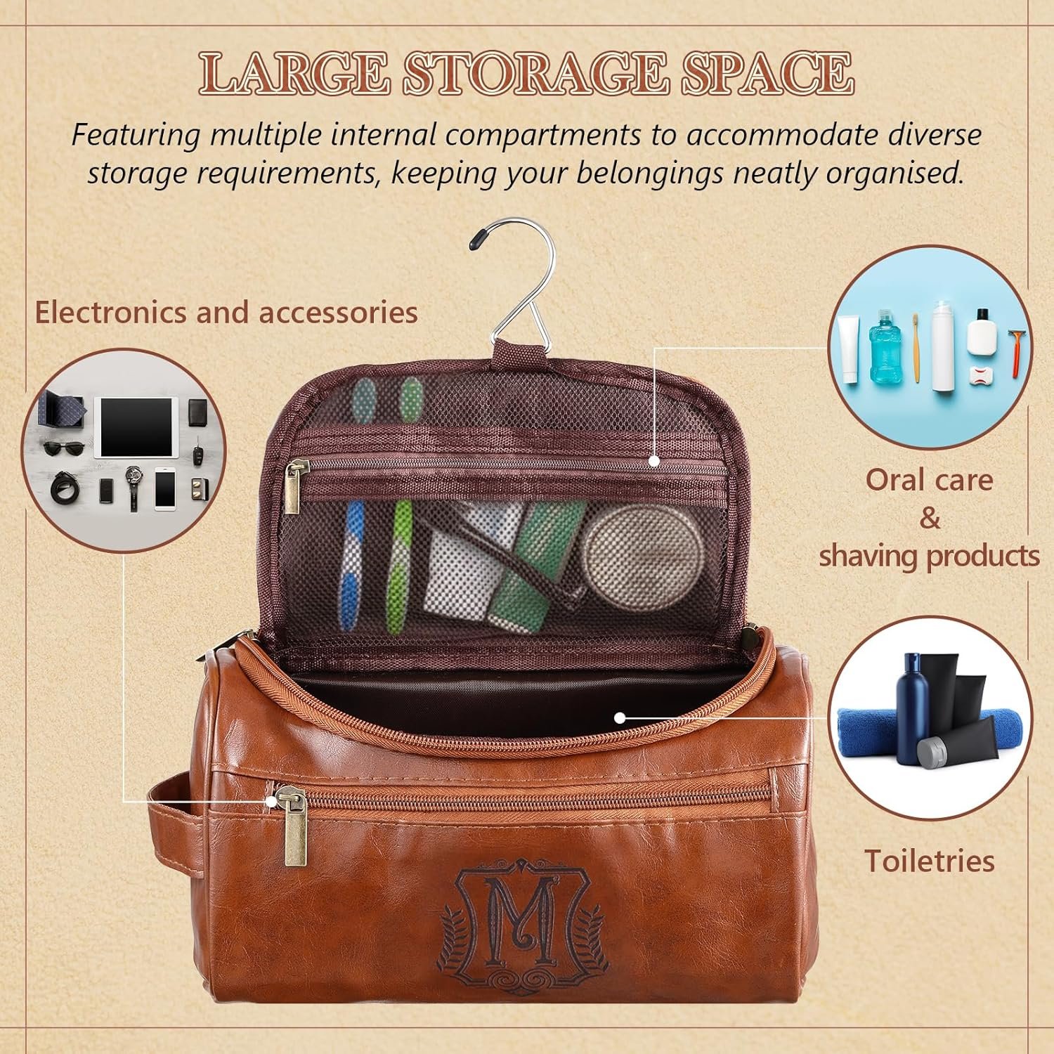 Toiletry Bag en Cuir Personnalisé pour Hommes avec Logo Personnalisé, Trousse de Voyage Monogrammée avec Crochet et Poignée Latérale, Fabricant de Kits de Toilettes pour Lui, Papa, Mari, Cadeaux d'Anniversaire et de Noël en Vrac.
