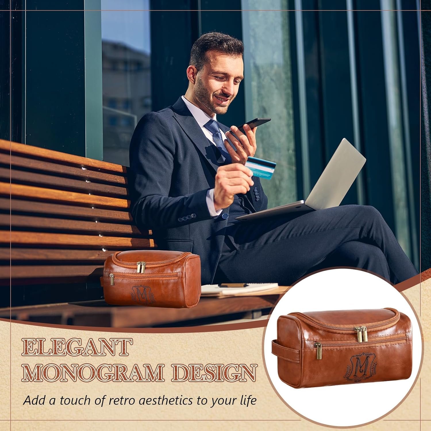 Toiletry Bag en Cuir Personnalisé pour Hommes avec Logo Personnalisé, Trousse de Voyage Monogrammée avec Crochet et Poignée Latérale, Fabricant de Kits de Toilettes pour Lui, Papa, Mari, Cadeaux d'Anniversaire et de Noël en Vrac.