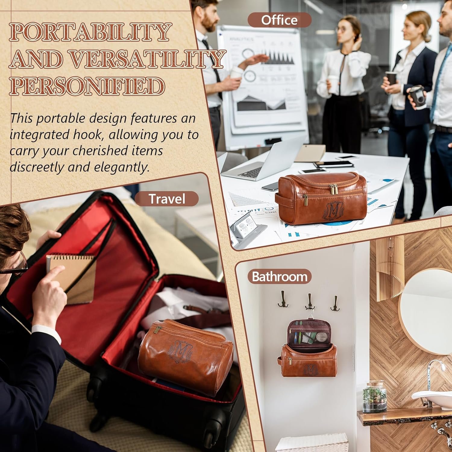 Toiletry Bag en Cuir Personnalisé pour Hommes avec Logo Personnalisé, Trousse de Voyage Monogrammée avec Crochet et Poignée Latérale, Fabricant de Kits de Toilettes pour Lui, Papa, Mari, Cadeaux d'Anniversaire et de Noël en Vrac.