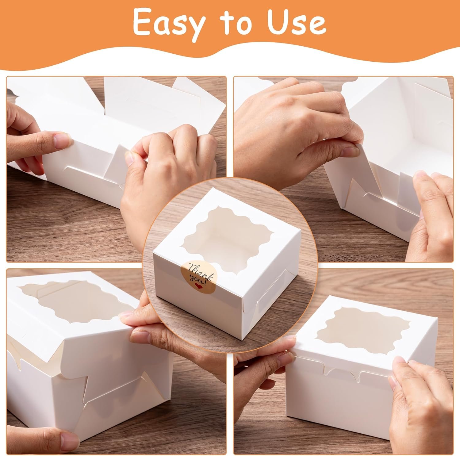 Boîtes à cookies en gros avec fenêtre, 50pcs de 4x4x2,5 pouces, fabriquées par un fournisseur, avec 50 autocollants personnalisés pour biscuits, pâtisseries, desserts, bonbons et mini gâteaux (blanc)