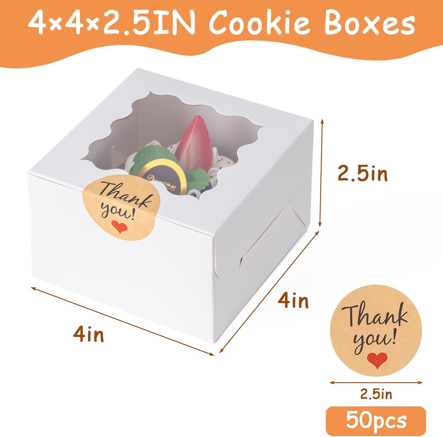 Boîtes à cookies en gros avec fenêtre, 50pcs de 4x4x2,5 pouces, fabriquées par un fournisseur, avec 50 autocollants personnalisés pour biscuits, pâtisseries, desserts, bonbons et mini gâteaux (blanc)
