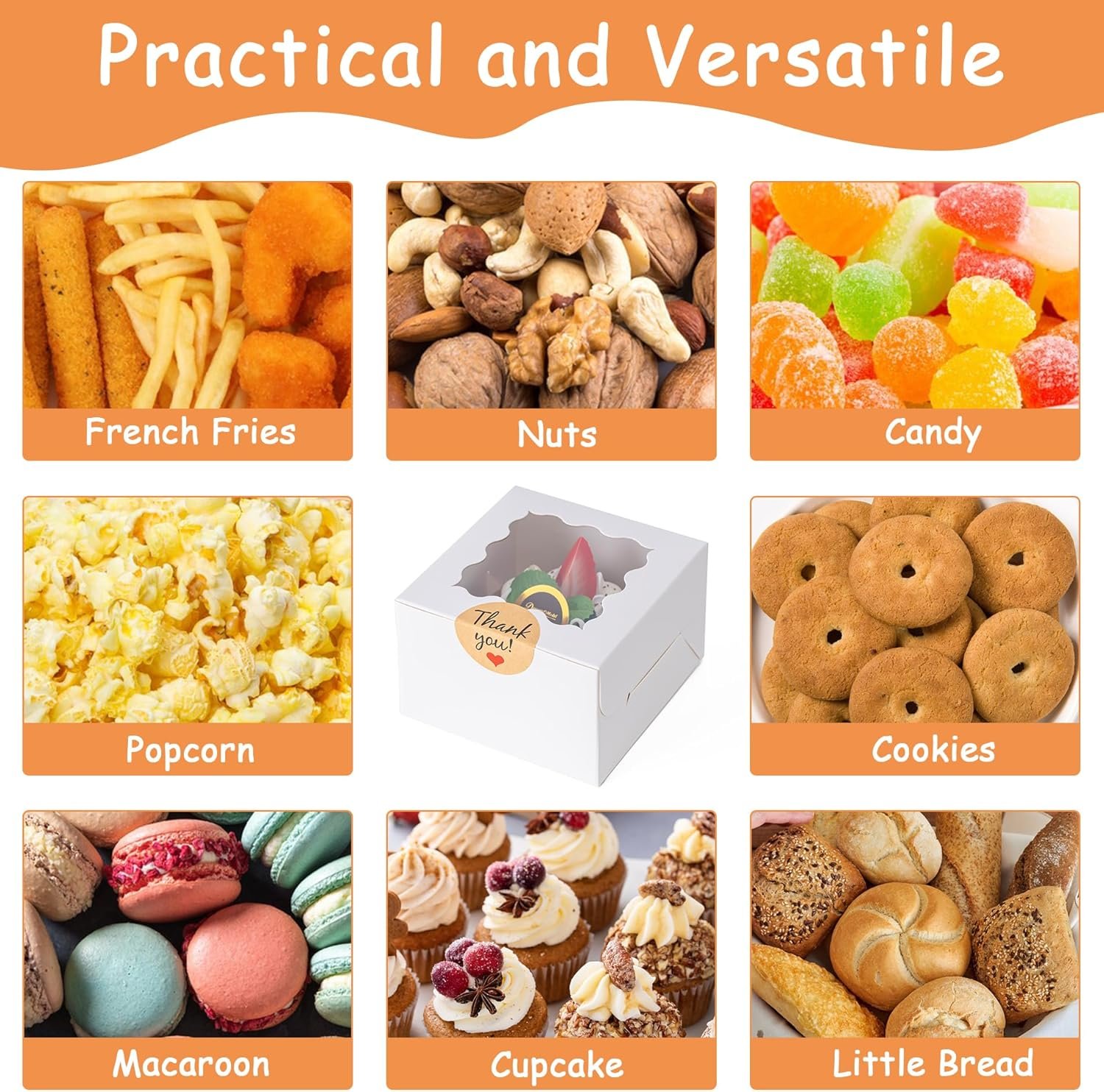 Boîtes à cookies en gros avec fenêtre, 50pcs de 4x4x2,5 pouces, fabriquées par un fournisseur, avec 50 autocollants personnalisés pour biscuits, pâtisseries, desserts, bonbons et mini gâteaux (blanc)