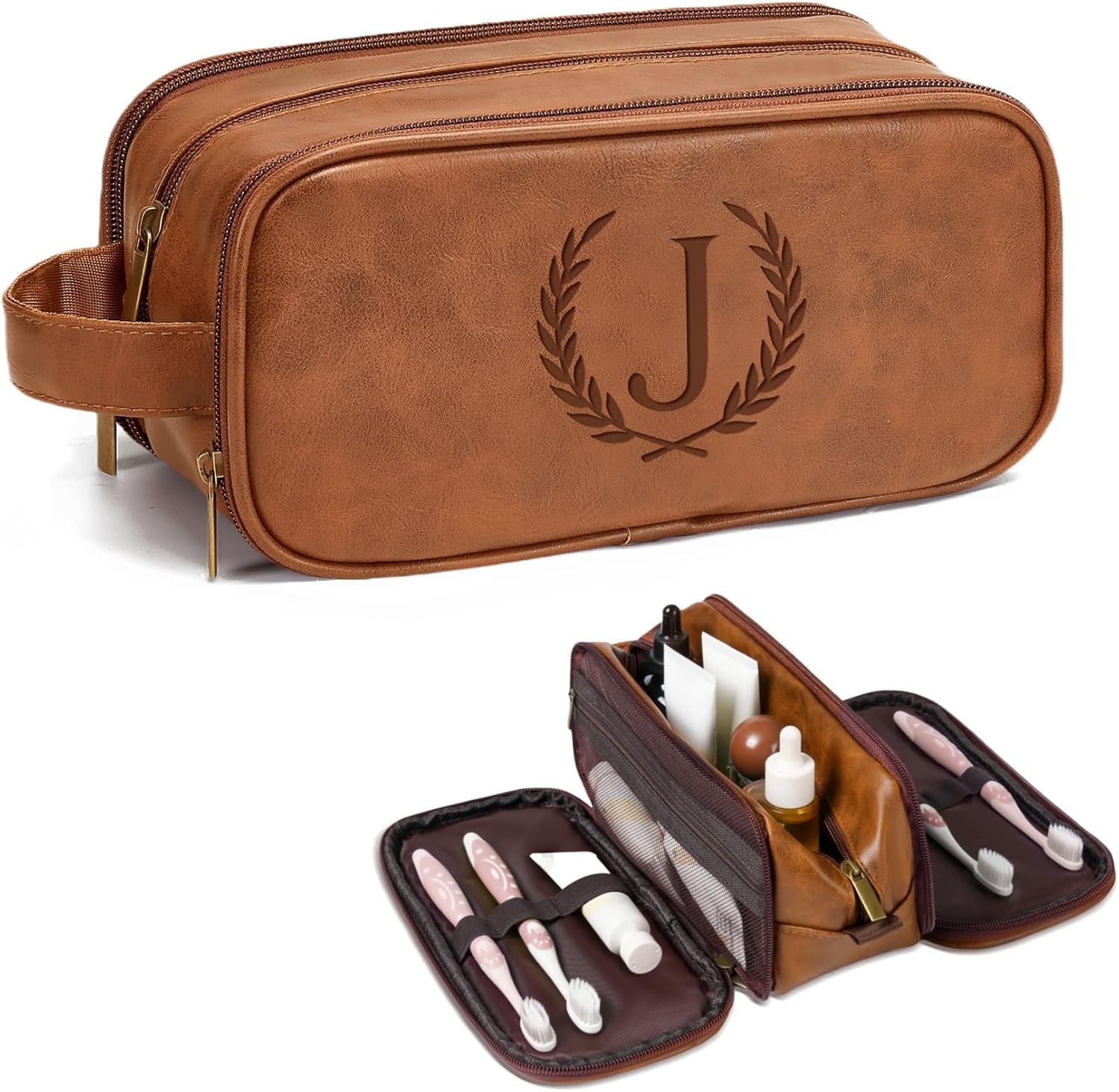 Toiletry Bag Personnalisé pour Hommes, Vente en Gros du Fournisseur, Sacs de Toilette avec Initiales et Blé, Essentiels de Voyage pour Hommes (Moyen, Jaune Brun, J)