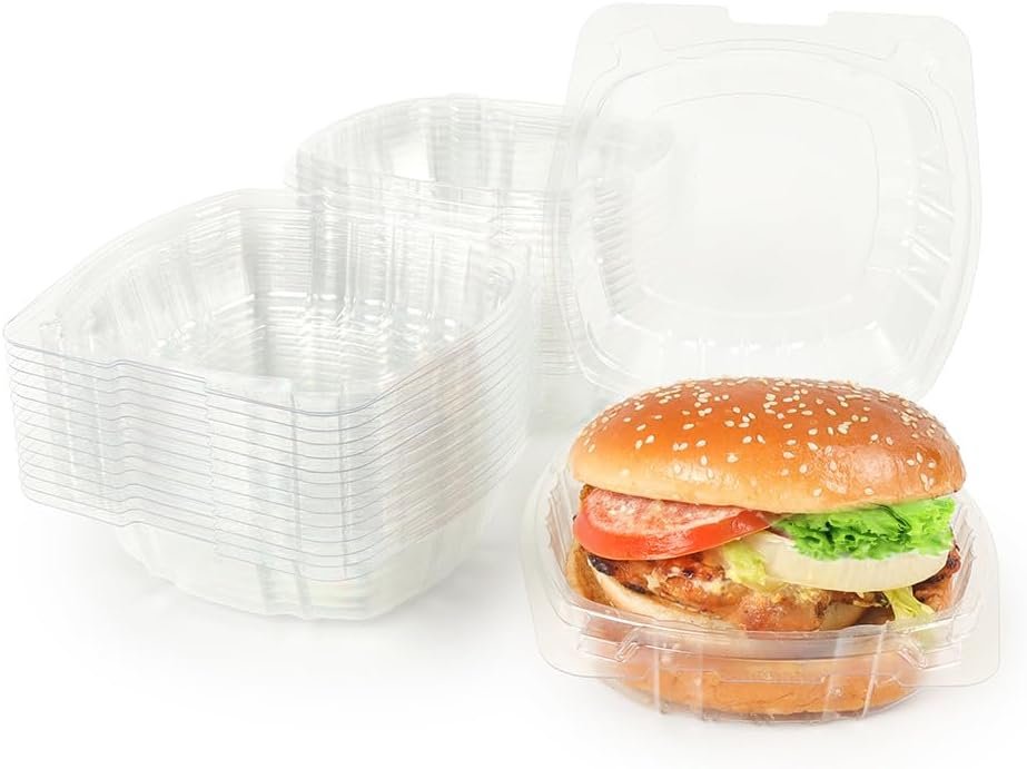 Grossiste en contenants en plastique jetables 6 x 6 pouces avec couvercles, boîte à nourriture carrée avec charnière élégante adaptée pour le stockage de plats à emporter, OEM pour hamburgers et sandwichs, fournisseur idéal pour vos événements.