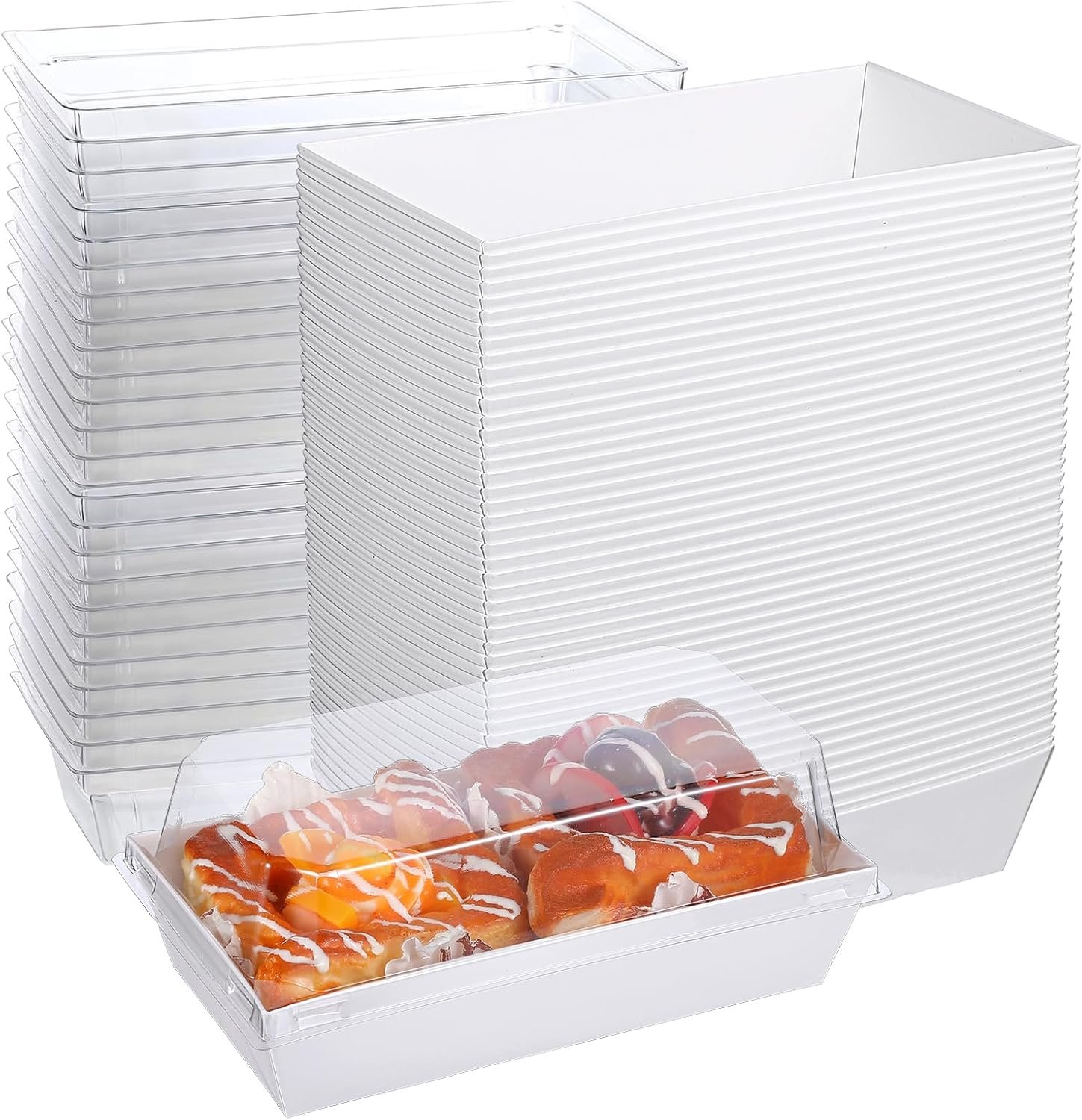 Grossiste boîtes à pâtisserie blanches 50 pièces, logo personnalisé, contenant des cookies, des sandwiches, des cupcakes, des fraises et desserts à emporter, fournisseur.