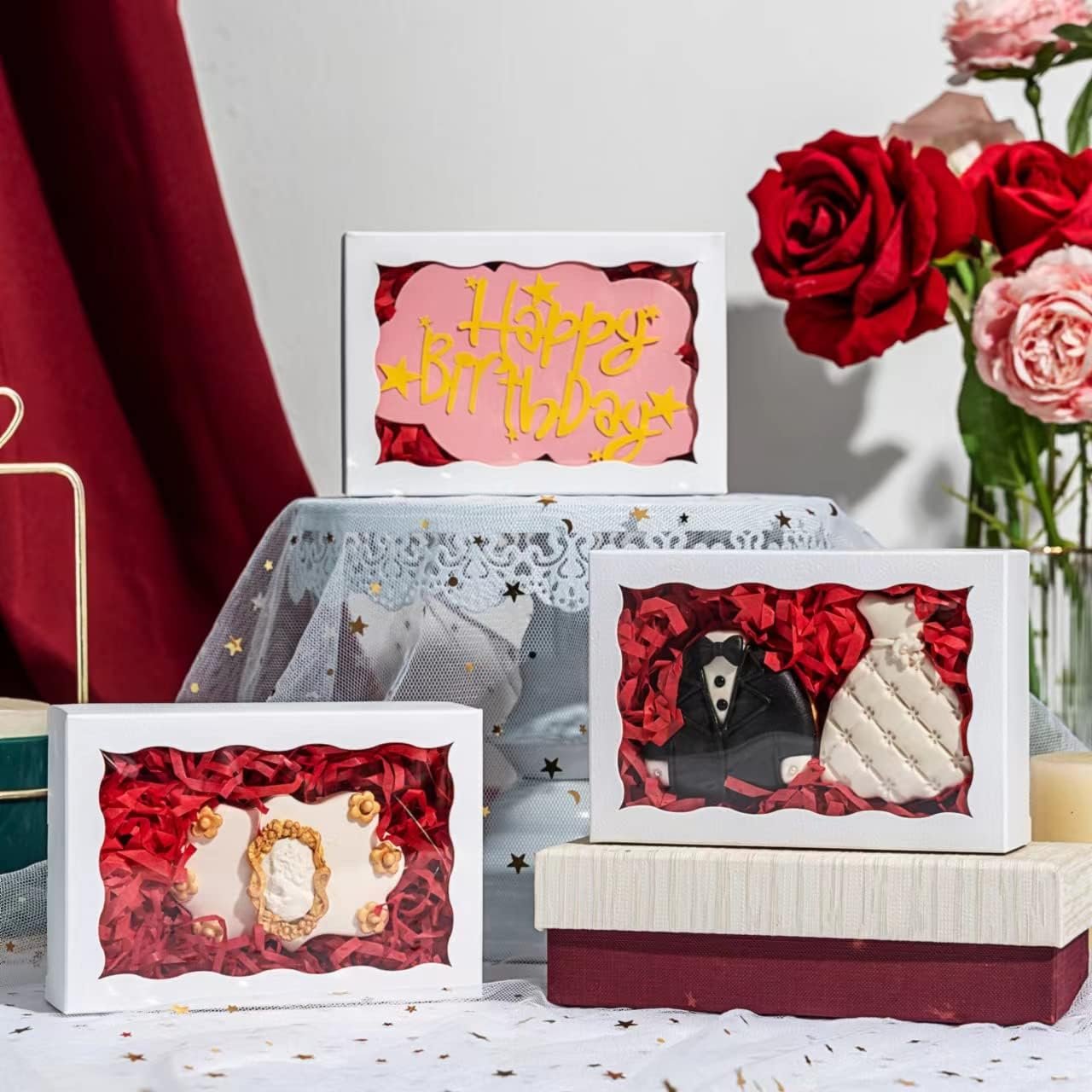 Grossiste en Vrac Boîtes à Cookies 50 Pack 7 x 4 3/8 x 1½ pouces avec Fenêtre, Logo Personnalisé, Fournisseur de Packaging pour Macarons et Chocolats.