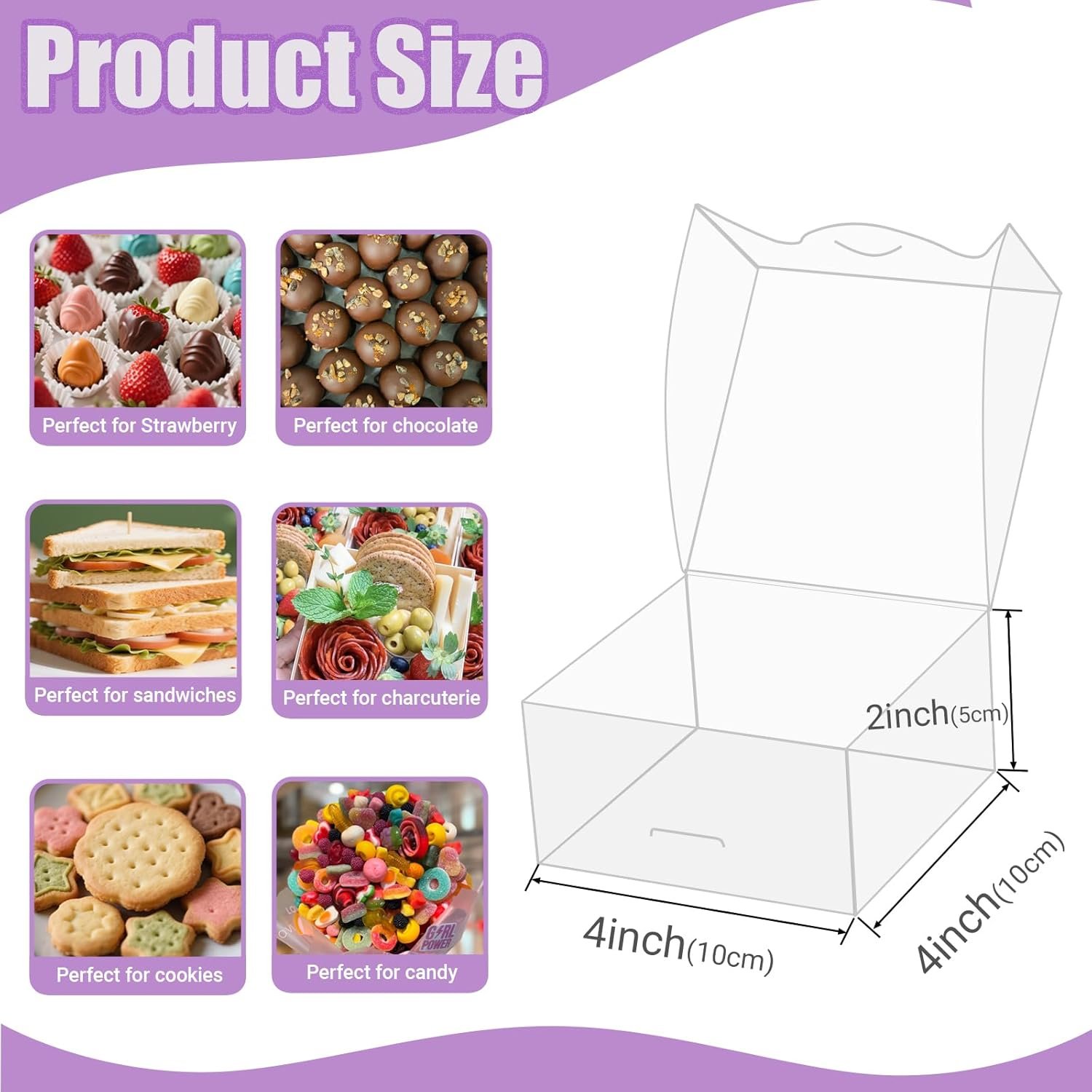 Grossiste en boîtes cadeaux en plastique transparent 4x4x2 pouces pour pâtisseries, logo personnalisé, fournisseur pour cookies, fraises enrobées de chocolat, truffes, brownies et plus.