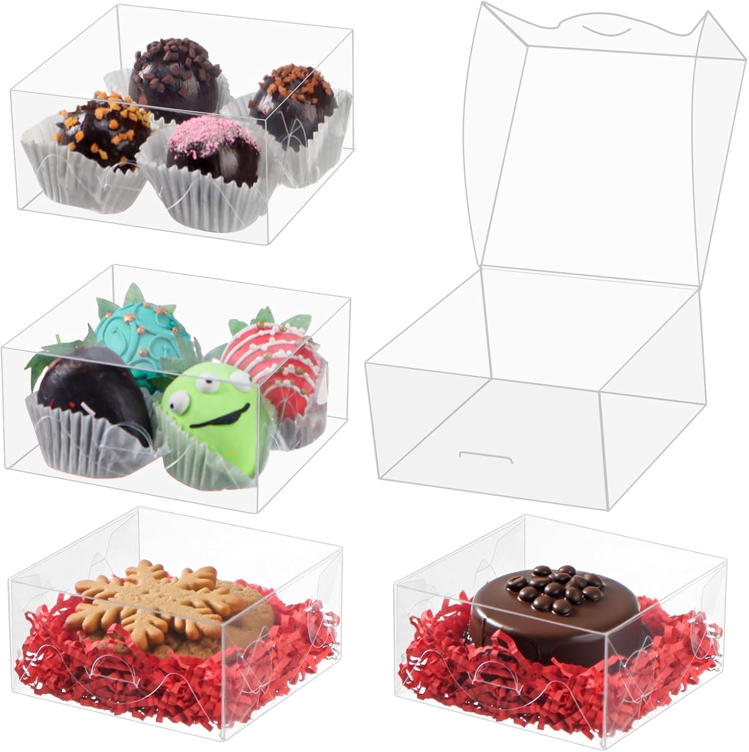 Grossiste en boîtes cadeaux en plastique transparent 4x4x2 pouces pour pâtisseries, logo personnalisé, fournisseur pour cookies, fraises enrobées de chocolat, truffes, brownies et plus.