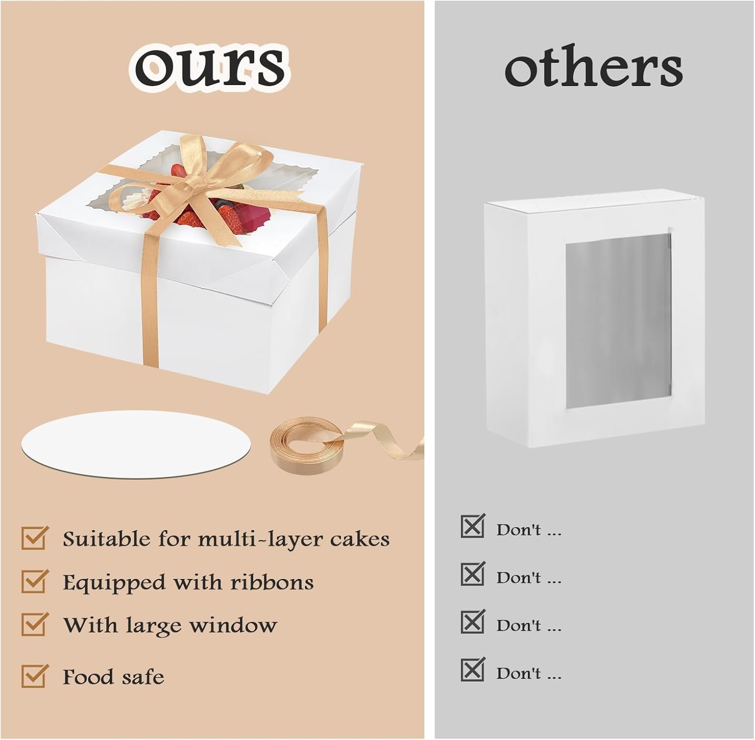Grossiste boîtes à gâteaux carrées 10x10x8 pouces avec fenêtres et planches - Fabricant de solutions de packaging en vrac - Logo personnalisé et ruban en soie de 70ft Grossiste boîtes à gâteaux carrées 10x10x8 pouces avec fenêtres et planches - Fabricant de solutions de packaging en vrac - Logo personnalisé et ruban en soie de 70ft