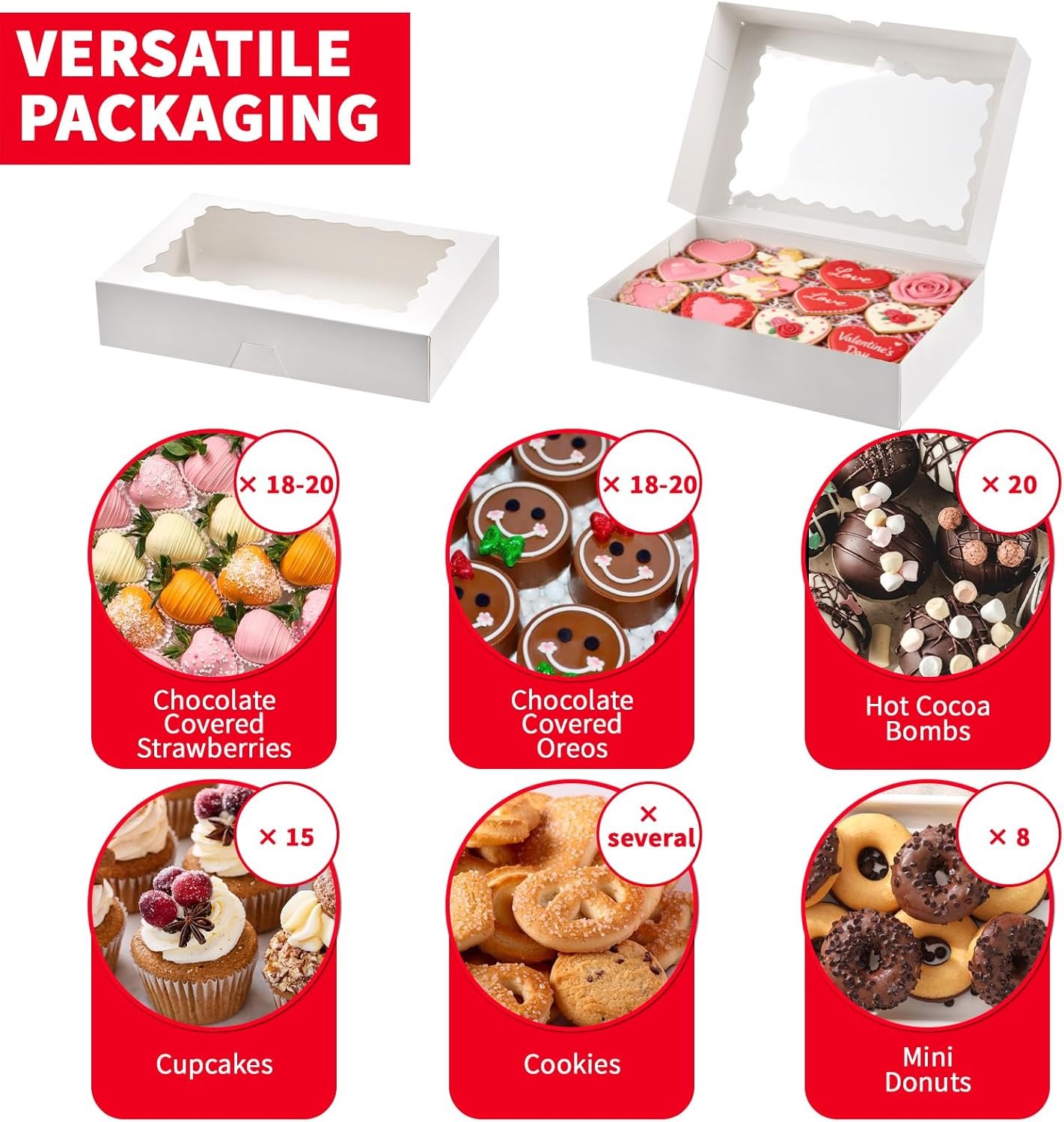 Grossiste de boîtes à pâtisserie, boîte à gâteau avec fenêtre 12x8x2.5 pouces, solution de marque blanche pour muffins, donuts, fruits, chocolat et cœurs brisés, fournisseur de qualité en gros.