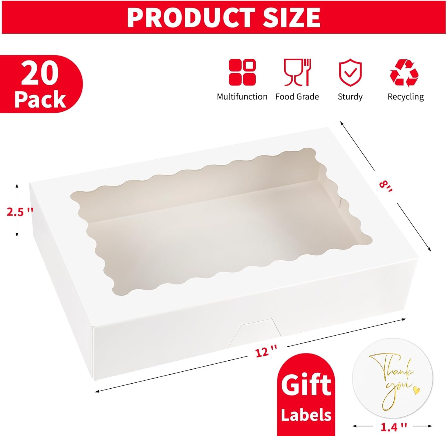 Grossiste de boîtes à pâtisserie, boîte à gâteau avec fenêtre 12x8x2.5 pouces, solution de marque blanche pour muffins, donuts, fruits, chocolat et cœurs brisés, fournisseur de qualité en gros.