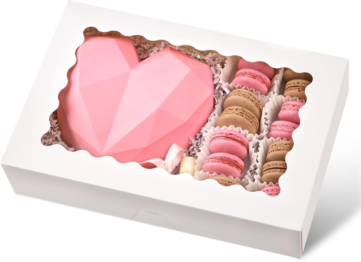 Grossiste de boîtes à pâtisserie, boîte à gâteau avec fenêtre 12x8x2.5 pouces, solution de marque blanche pour muffins, donuts, fruits, chocolat et cœurs brisés, fournisseur de qualité en gros.