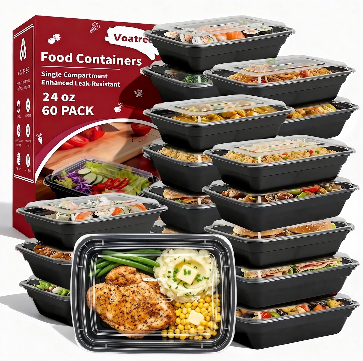 Pack de 60 contenants de préparation de repas de 24 oz, fournisseurs de contenants alimentaires, Logo Personnalisé, réutilisables, étanches, compatibles avec congélateur, micro-ondes et lave-vaisselle, vente en gros, avec couvercles.