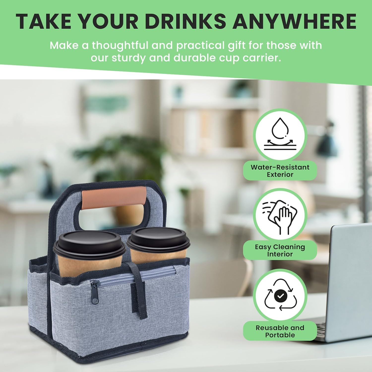 Grossiste de porte-gobelets réutilisables pour 4 tasses, isolé, étanche et portable, avec organisateur en cuir pour boissons chaudes/froides (16oz à 24oz), fournisseur OEM.