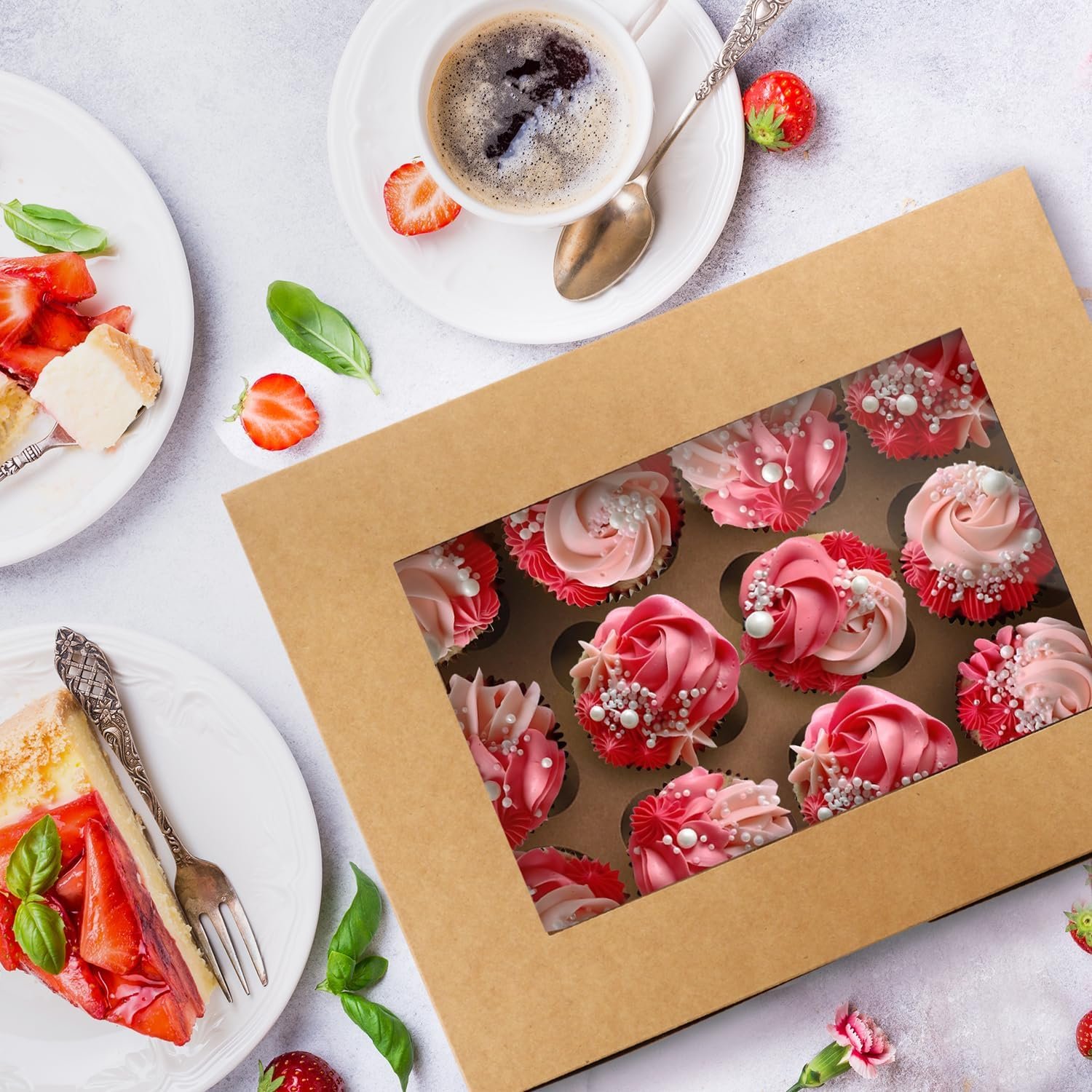 Grossiste Fournisseur 20 ensembles de boîtes à cupcakes, contenant 12 unités avec fenêtre, 13 x 10 x 3,5 pouces, pour anniversaire et fête, Logo Personnalisé.