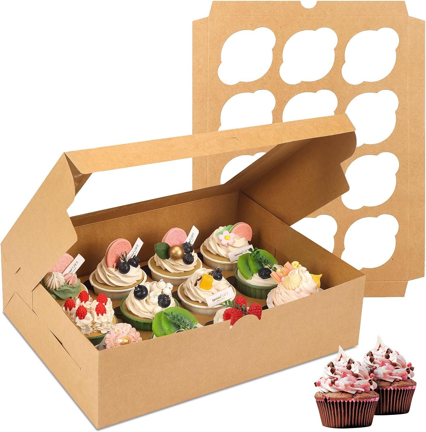 Grossiste Fournisseur 20 ensembles de boîtes à cupcakes, contenant 12 unités avec fenêtre, 13 x 10 x 3,5 pouces, pour anniversaire et fête, Logo Personnalisé.