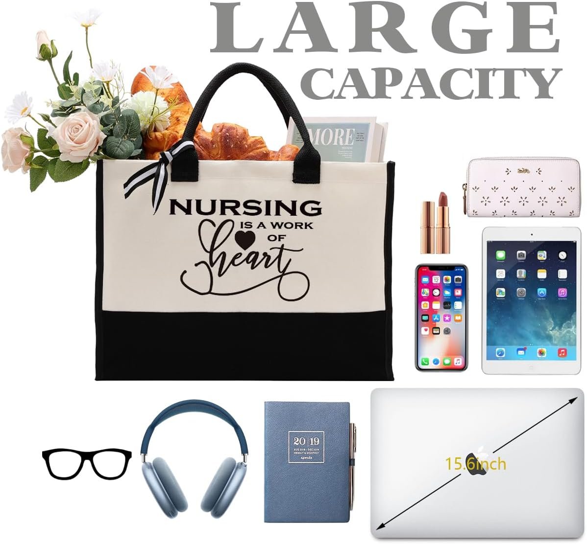 Tote Bag en Toile pour Infirmière, Fabricant de Sac avec Message - L'Infirmière, un Travail de Coeur, Sac en Toile de Coton pour Offrir, Logo Personnalisé pour Infirmière, Idée de Cadeau Inspirant pour la Graduation, Merci Infirmière, Vente en Gros.