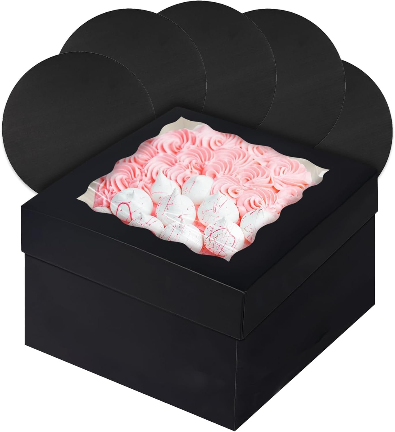 Grossiste 4 ensembles de boîte à gâteau noire 12x12x8 avec fenêtre, 4 ensembles de cartons ronds noirs 12", OEM et fabricant de contenants pour gâteaux de 12 pouces.