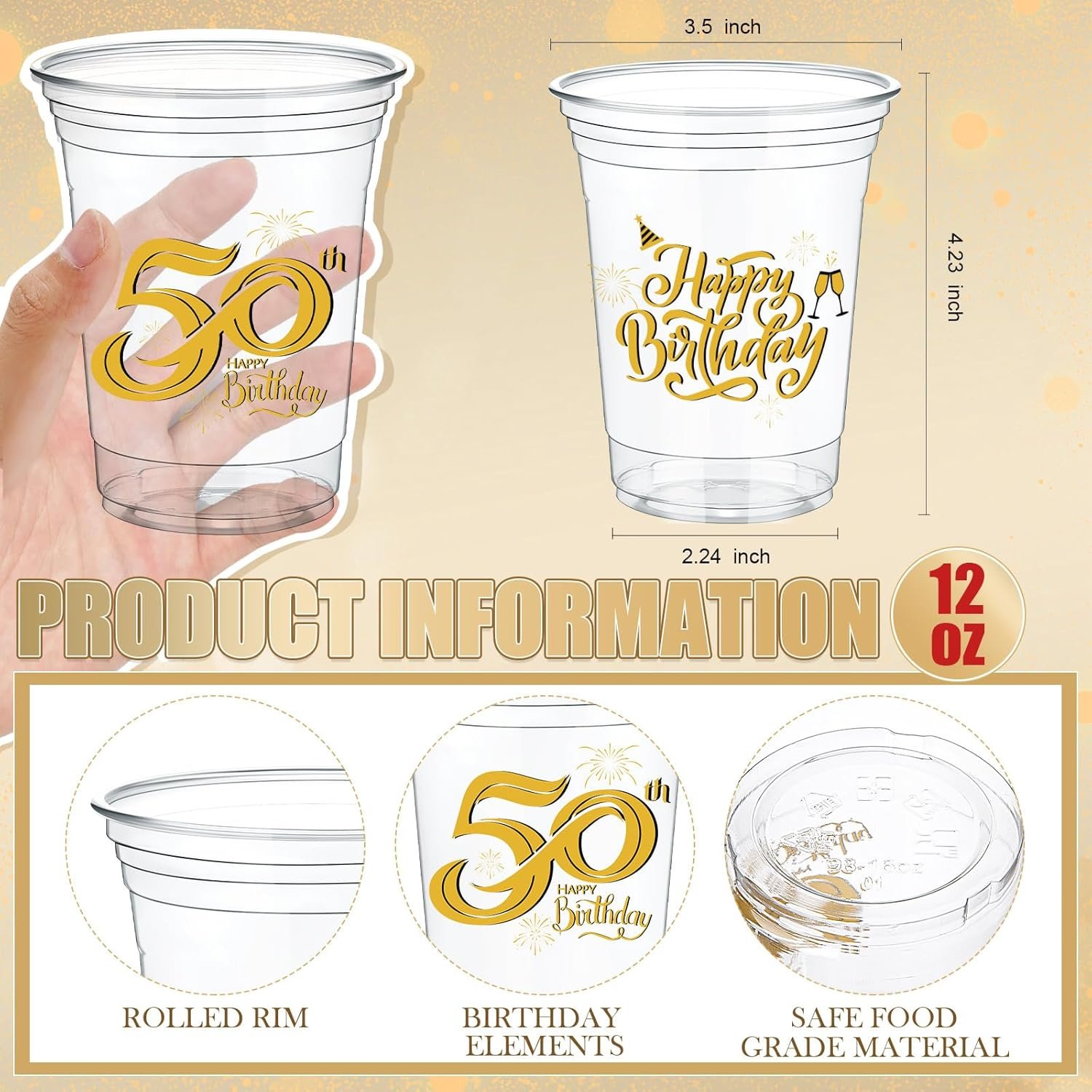 Cups en Vrac pour la fête d'anniversaire 50 ans, 60 pièces de gobelets plastiques transparent de 12 oz, Fabricant de gobelets jetables, Logo Personnalisé pour célébrer 50 ans.
