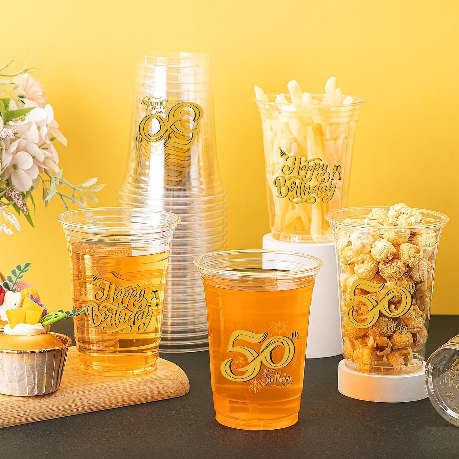 Cups en Vrac pour la fête d'anniversaire 50 ans, 60 pièces de gobelets plastiques transparent de 12 oz, Fabricant de gobelets jetables, Logo Personnalisé pour célébrer 50 ans.