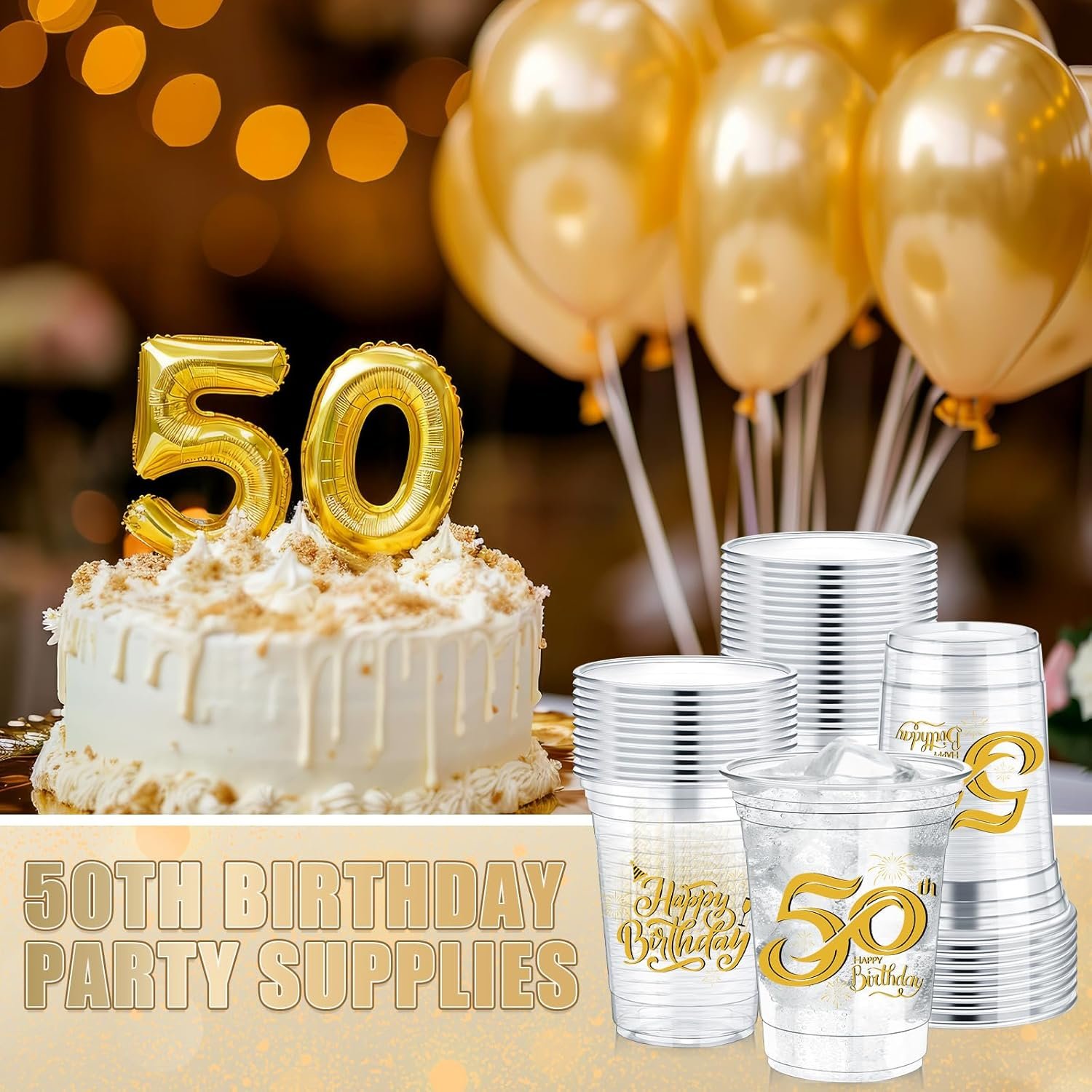 Cups en Vrac pour la fête d'anniversaire 50 ans, 60 pièces de gobelets plastiques transparent de 12 oz, Fabricant de gobelets jetables, Logo Personnalisé pour célébrer 50 ans.