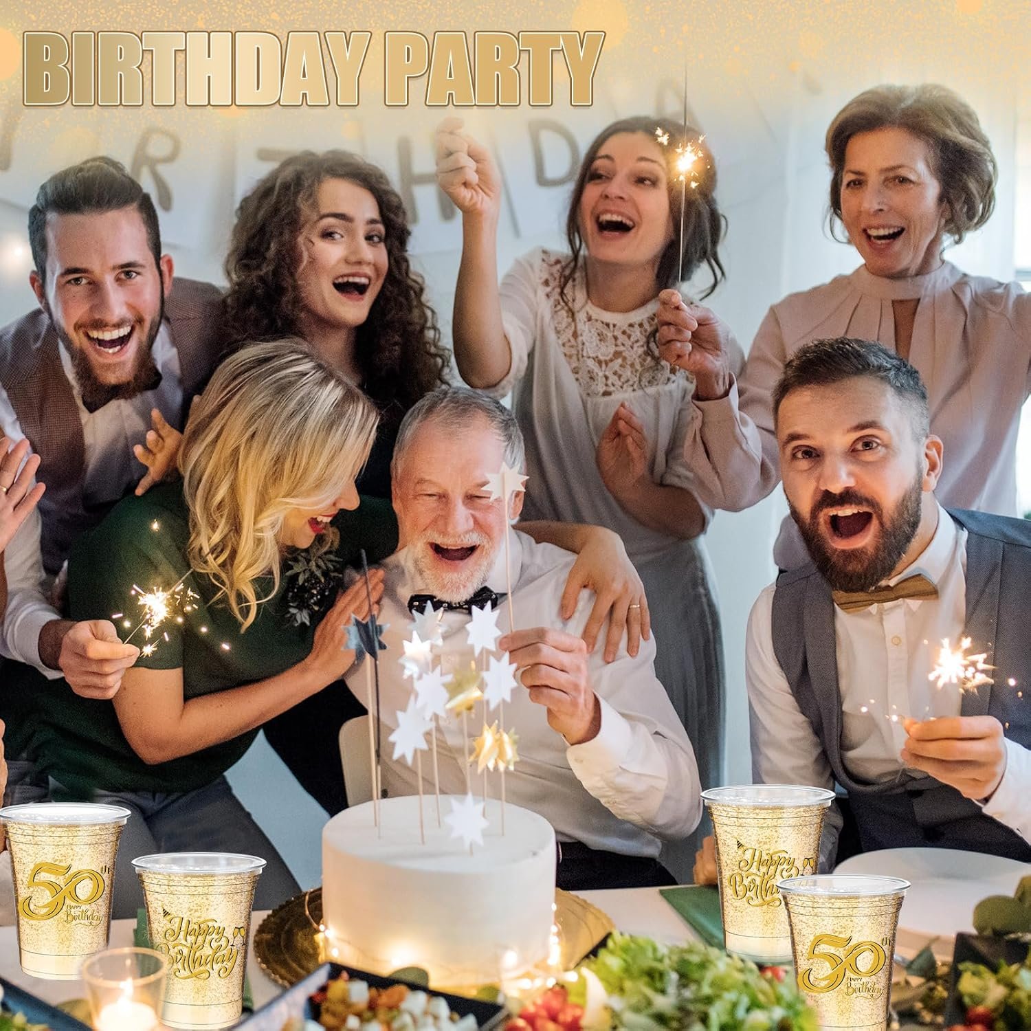 Cups en Vrac pour la fête d'anniversaire 50 ans, 60 pièces de gobelets plastiques transparent de 12 oz, Fabricant de gobelets jetables, Logo Personnalisé pour célébrer 50 ans.