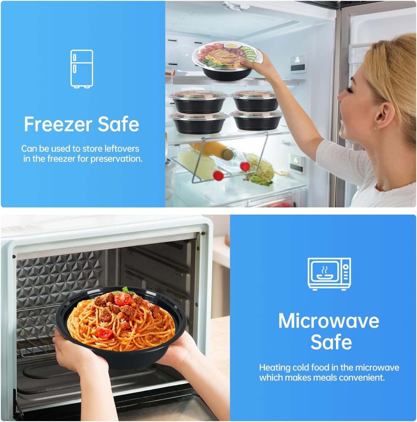 Grossiste contenants alimentaires jetables 32oz noirs ronds, 50 pièces, réutilisables avec couvercles, empilables, sans BPA, boîte bento, contenants pour le déjeuner, compatibles micro-ondes et lave-vaisselle, marque blanche, fournisseur.