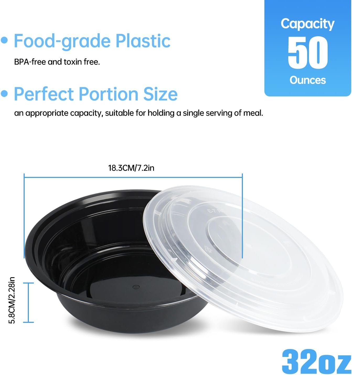 Grossiste contenants alimentaires jetables 32oz noirs ronds, 50 pièces, réutilisables avec couvercles, empilables, sans BPA, boîte bento, contenants pour le déjeuner, compatibles micro-ondes et lave-vaisselle, marque blanche, fournisseur.