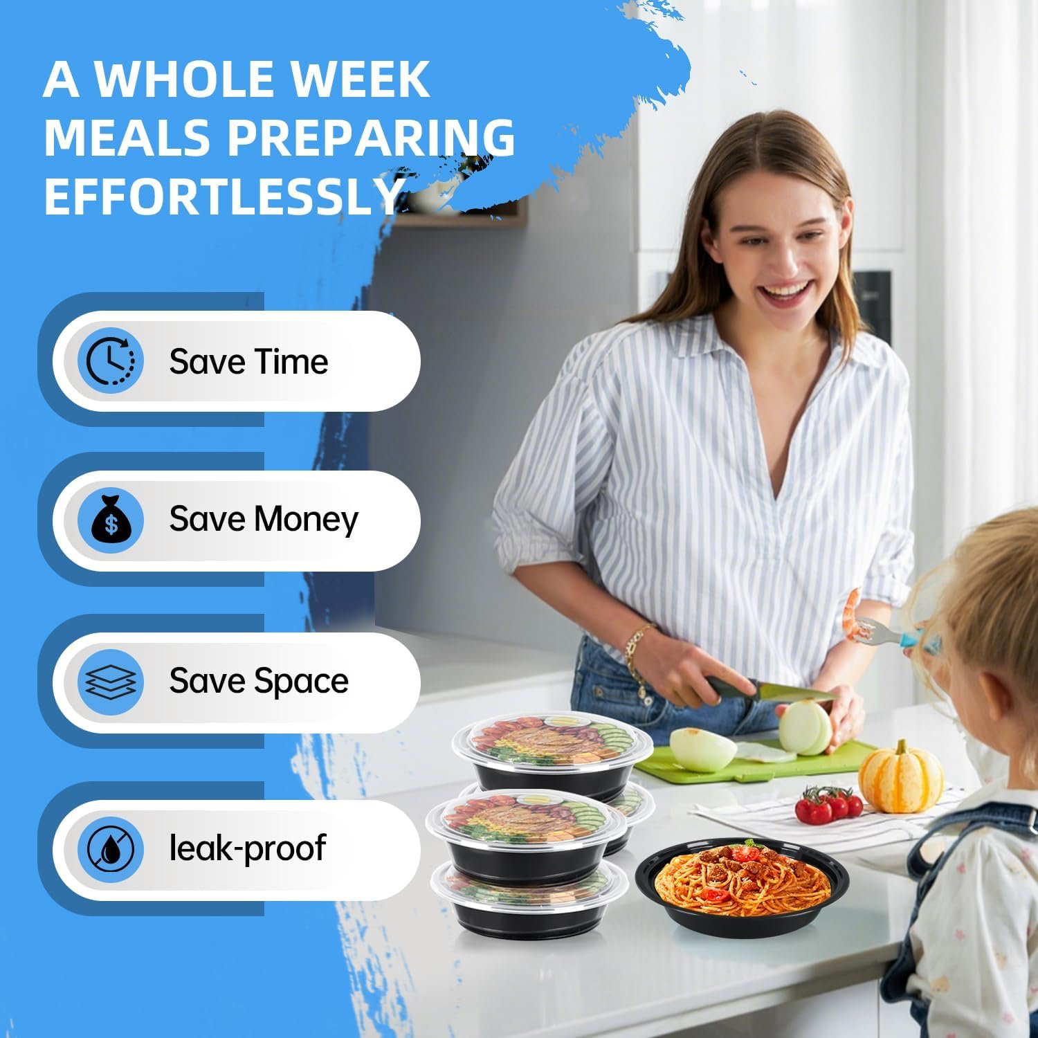 Grossiste contenants alimentaires jetables 32oz noirs ronds, 50 pièces, réutilisables avec couvercles, empilables, sans BPA, boîte bento, contenants pour le déjeuner, compatibles micro-ondes et lave-vaisselle, marque blanche, fournisseur.