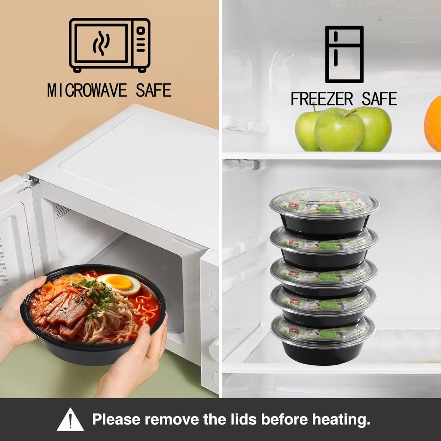 Grossiste contenants alimentaires jetables 32oz noirs ronds, 50 pièces, réutilisables avec couvercles, empilables, sans BPA, boîte bento, contenants pour le déjeuner, compatibles micro-ondes et lave-vaisselle, marque blanche, fournisseur.