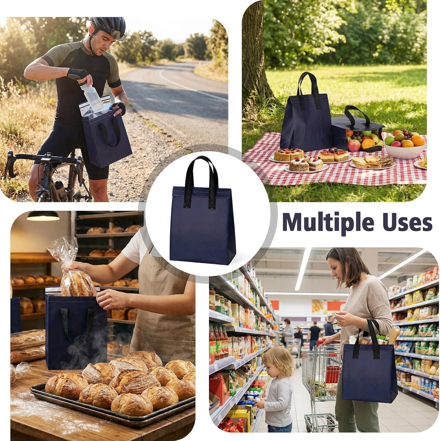 Grossiste Sacs Isolés pour Livraison Alimentaire 50 Pcs 10 x 8 x 4 Pouces, Vente en Gros de Sacs Thermiques pour Nourriture Chaude Froid, Personnalisation de Logo pour Restauration, Café, Lait, Thé, Fruits de Mer Frais, Fournisseur dans le secteur de la Restauration (Bleu Marine)