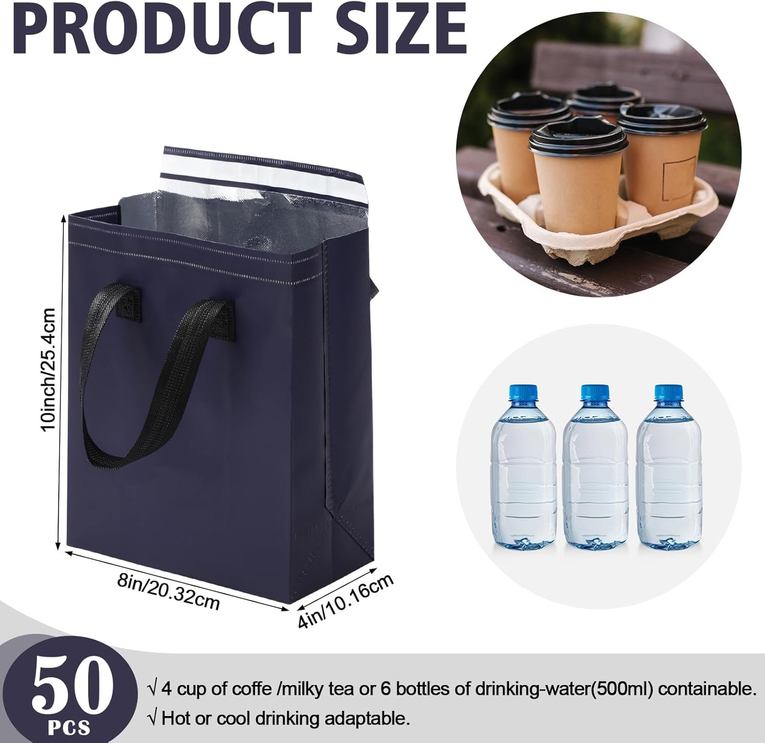 Grossiste Sacs Isolés pour Livraison Alimentaire 50 Pcs 10 x 8 x 4 Pouces, Vente en Gros de Sacs Thermiques pour Nourriture Chaude Froid, Personnalisation de Logo pour Restauration, Café, Lait, Thé, Fruits de Mer Frais, Fournisseur dans le secteur de la Restauration (Bleu Marine)