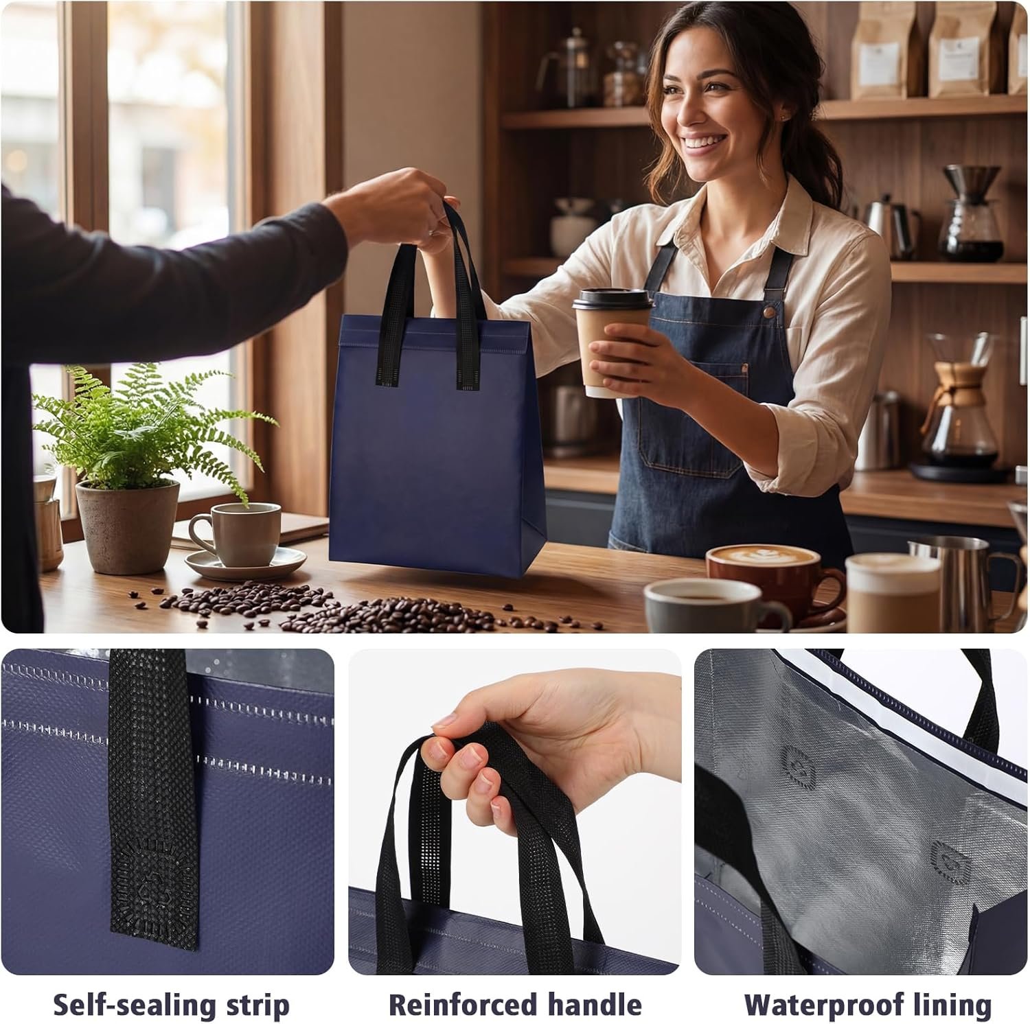 Grossiste Sacs Isolés pour Livraison Alimentaire 50 Pcs 10 x 8 x 4 Pouces, Vente en Gros de Sacs Thermiques pour Nourriture Chaude Froid, Personnalisation de Logo pour Restauration, Café, Lait, Thé, Fruits de Mer Frais, Fournisseur dans le secteur de la Restauration (Bleu Marine)