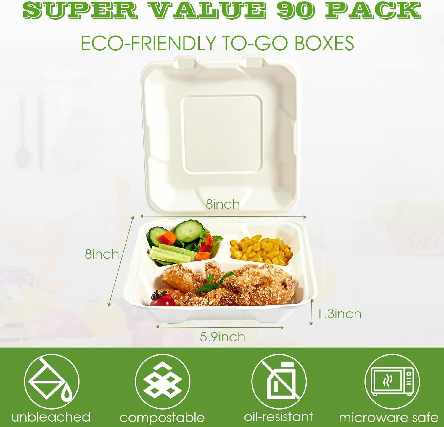 Grossiste Containers Alimentaires Compostables à 100%, 90 PACK 8 pouces x 8 pouces, Eco-Friendly avec 3 Compartiments, Fabricant de Récipients en Bagasse pour Déjeuner à Emporter, OEM pour Fête ou Potluck