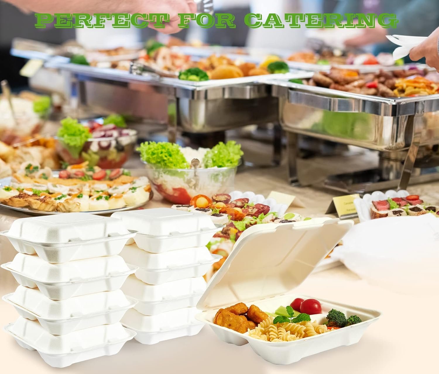 Grossiste Containers Alimentaires Compostables à 100%, 90 PACK 8 pouces x 8 pouces, Eco-Friendly avec 3 Compartiments, Fabricant de Récipients en Bagasse pour Déjeuner à Emporter, OEM pour Fête ou Potluck