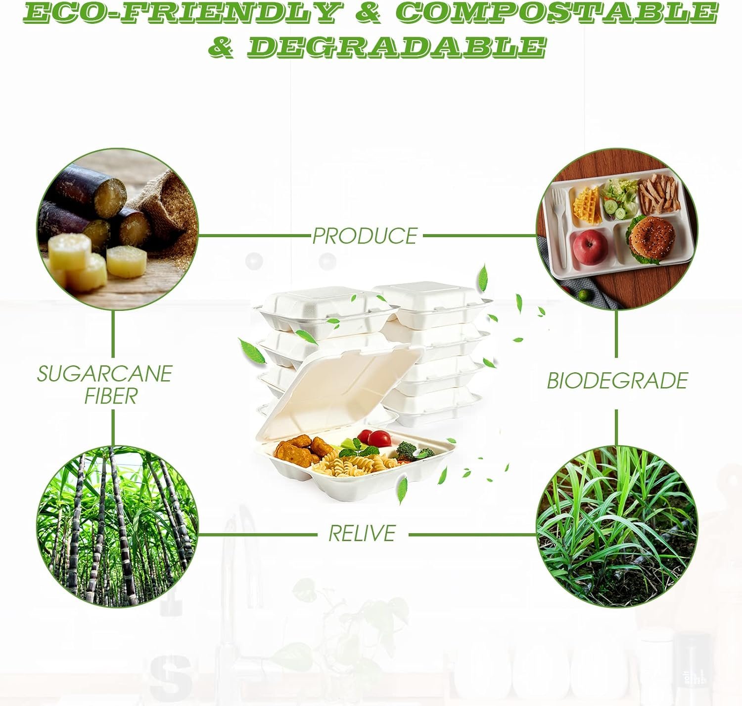Grossiste Containers Alimentaires Compostables à 100%, 90 PACK 8 pouces x 8 pouces, Eco-Friendly avec 3 Compartiments, Fabricant de Récipients en Bagasse pour Déjeuner à Emporter, OEM pour Fête ou Potluck