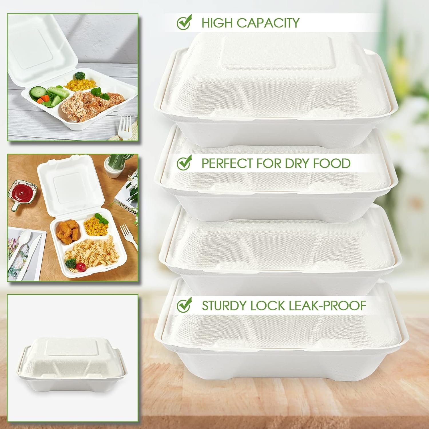 Grossiste Containers Alimentaires Compostables à 100%, 90 PACK 8 pouces x 8 pouces, Eco-Friendly avec 3 Compartiments, Fabricant de Récipients en Bagasse pour Déjeuner à Emporter, OEM pour Fête ou Potluck