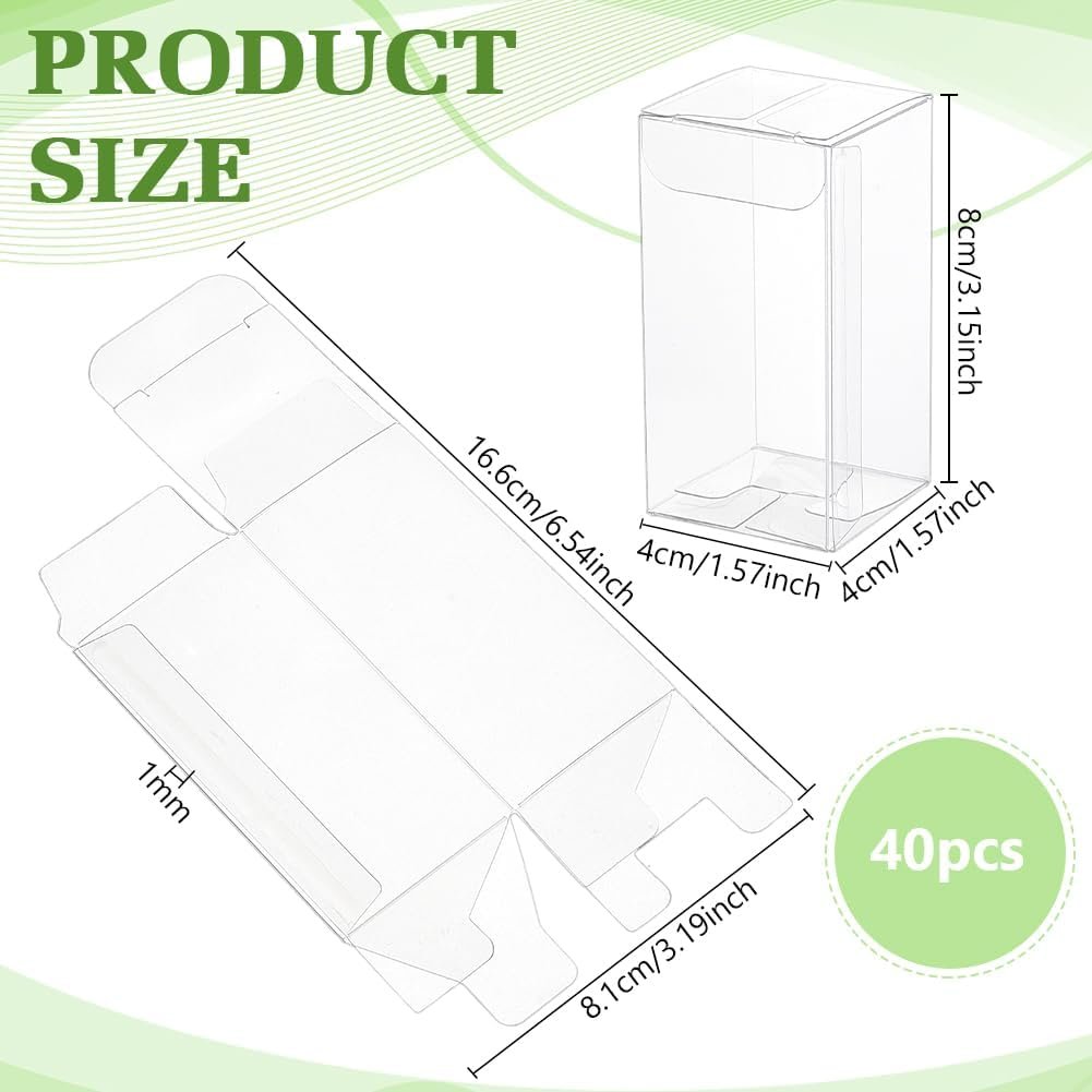 Grossiste de boîtes transparentes en PVC, 40 pièces pour bonbons, cupcakes et cadeaux, Logo Personnalisé, dimensions 1.5x1.5x3 pouces, Vente en Gros.