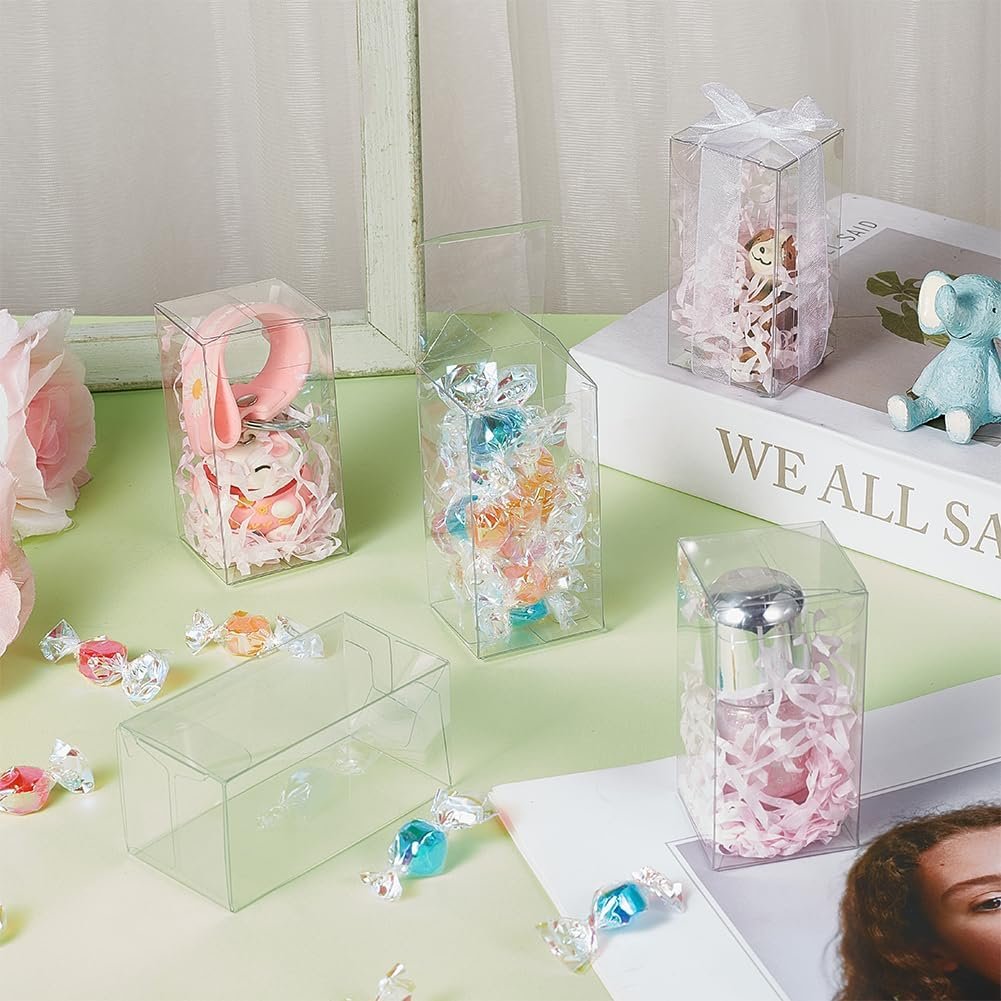 Grossiste de boîtes transparentes en PVC, 40 pièces pour bonbons, cupcakes et cadeaux, Logo Personnalisé, dimensions 1.5x1.5x3 pouces, Vente en Gros.