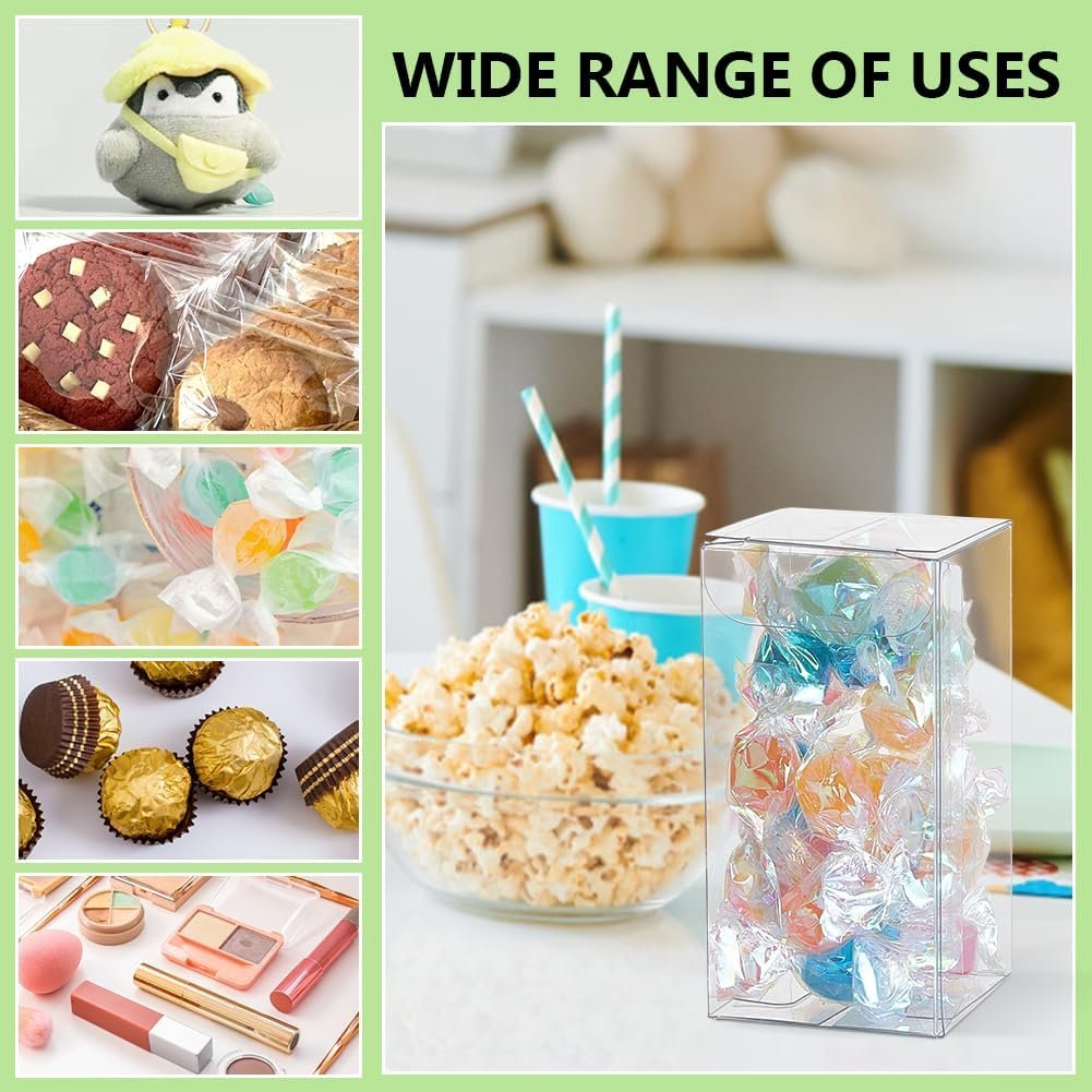 Grossiste de boîtes transparentes en PVC, 40 pièces pour bonbons, cupcakes et cadeaux, Logo Personnalisé, dimensions 1.5x1.5x3 pouces, Vente en Gros.