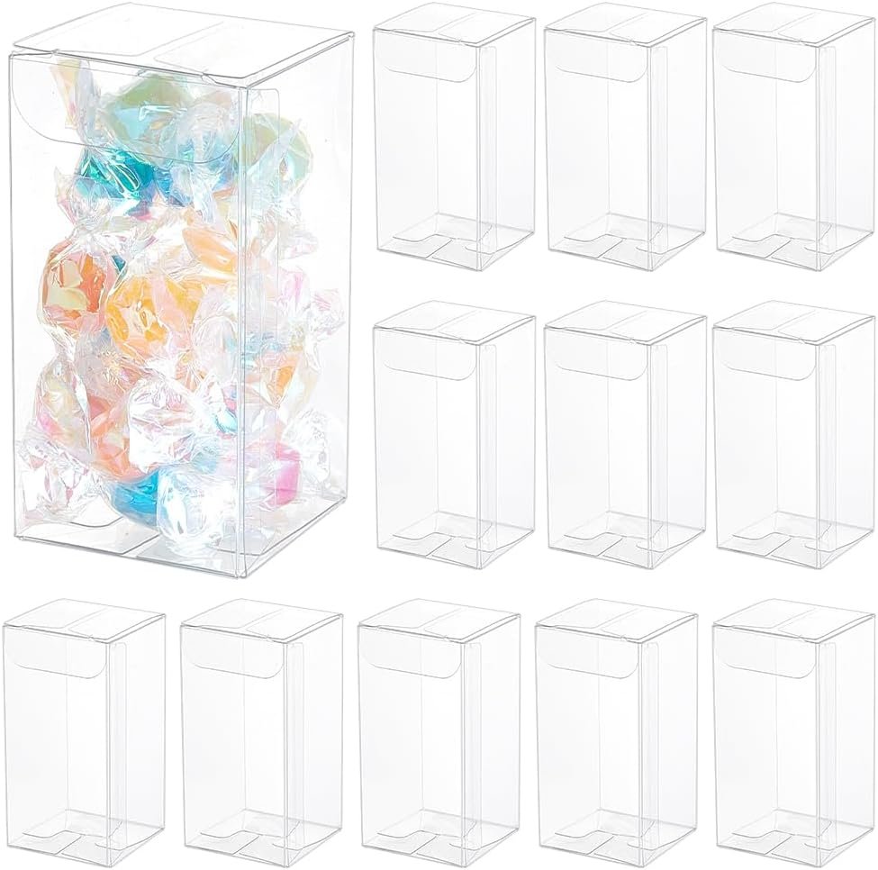 Grossiste de boîtes transparentes en PVC, 40 pièces pour bonbons, cupcakes et cadeaux, Logo Personnalisé, dimensions 1.5x1.5x3 pouces, Vente en Gros.