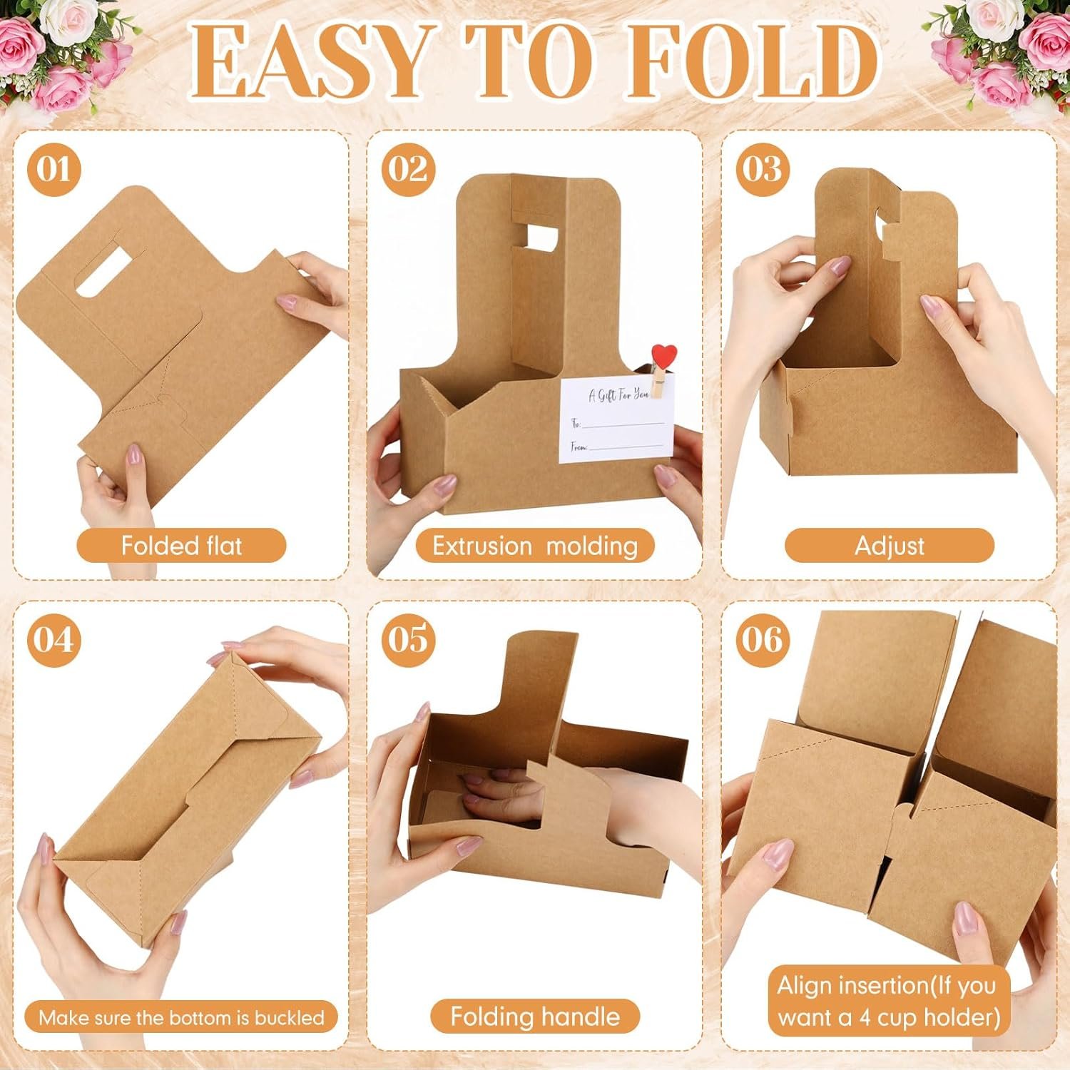 Grossiste en Vrac, Set de 90 Pcs de Porte-Boissons en Papier Kraft pour 2 Tasses avec Poignée, Clips en Forme de Cœur et Mini Cartes-Cadeaux, Plateau de Boissons Pliable pour la Saint-Valentin, la Fête des Mères, Mariages et Fêtes (Marron), Fabricant de Marque Blanche