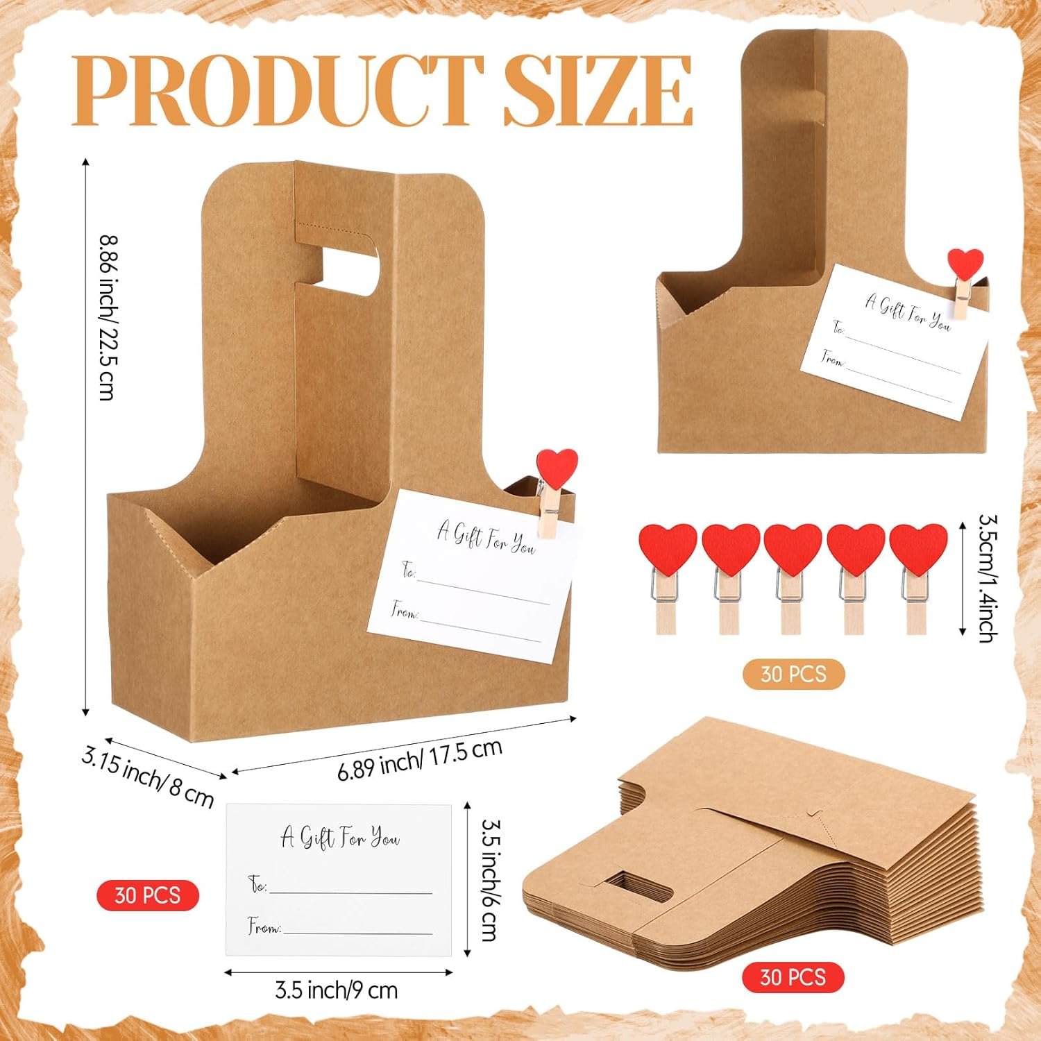 Grossiste en Vrac, Set de 90 Pcs de Porte-Boissons en Papier Kraft pour 2 Tasses avec Poignée, Clips en Forme de Cœur et Mini Cartes-Cadeaux, Plateau de Boissons Pliable pour la Saint-Valentin, la Fête des Mères, Mariages et Fêtes (Marron), Fabricant de Marque Blanche