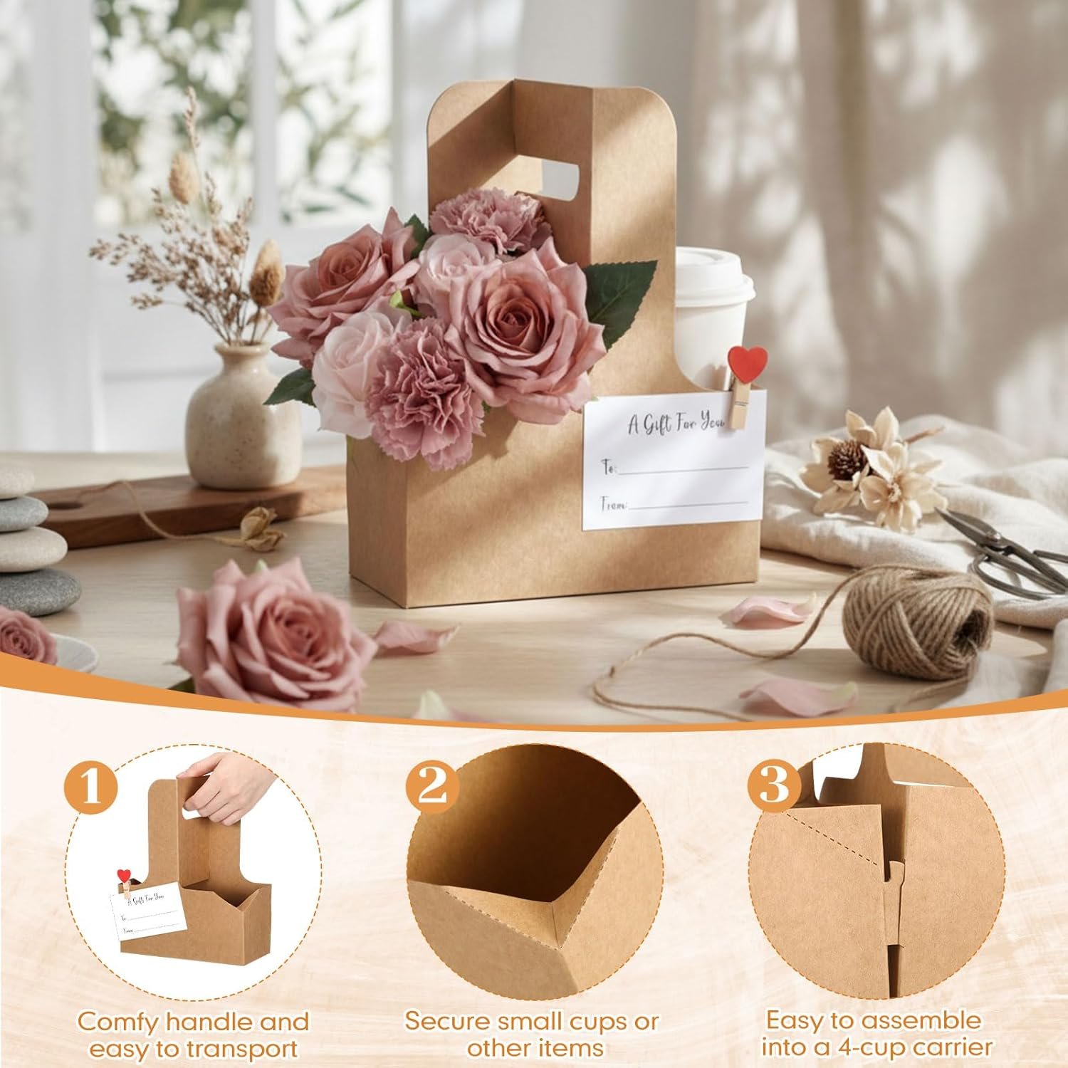 Grossiste en Vrac, Set de 90 Pcs de Porte-Boissons en Papier Kraft pour 2 Tasses avec Poignée, Clips en Forme de Cœur et Mini Cartes-Cadeaux, Plateau de Boissons Pliable pour la Saint-Valentin, la Fête des Mères, Mariages et Fêtes (Marron), Fabricant de Marque Blanche