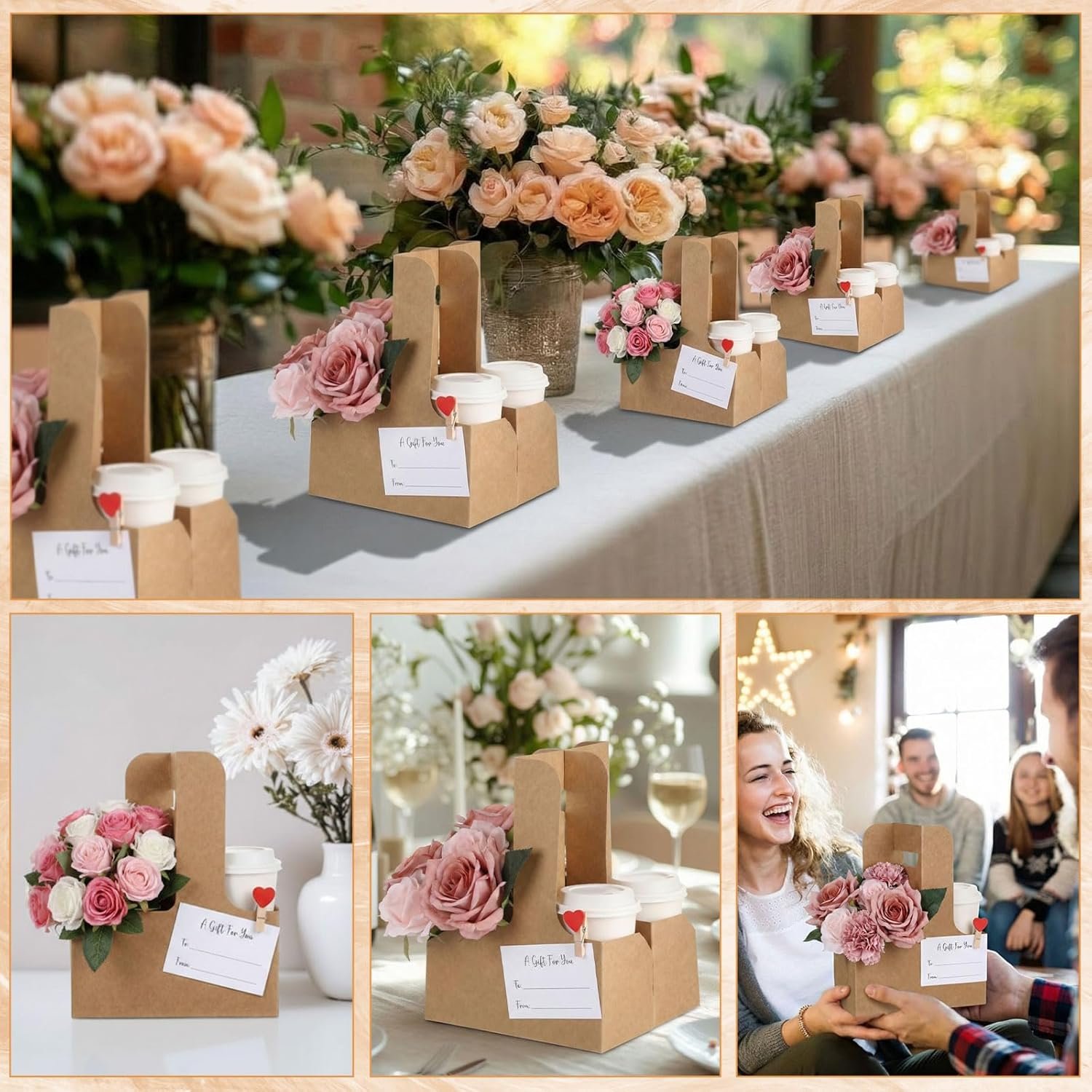 Grossiste en Vrac, Set de 90 Pcs de Porte-Boissons en Papier Kraft pour 2 Tasses avec Poignée, Clips en Forme de Cœur et Mini Cartes-Cadeaux, Plateau de Boissons Pliable pour la Saint-Valentin, la Fête des Mères, Mariages et Fêtes (Marron), Fabricant de Marque Blanche