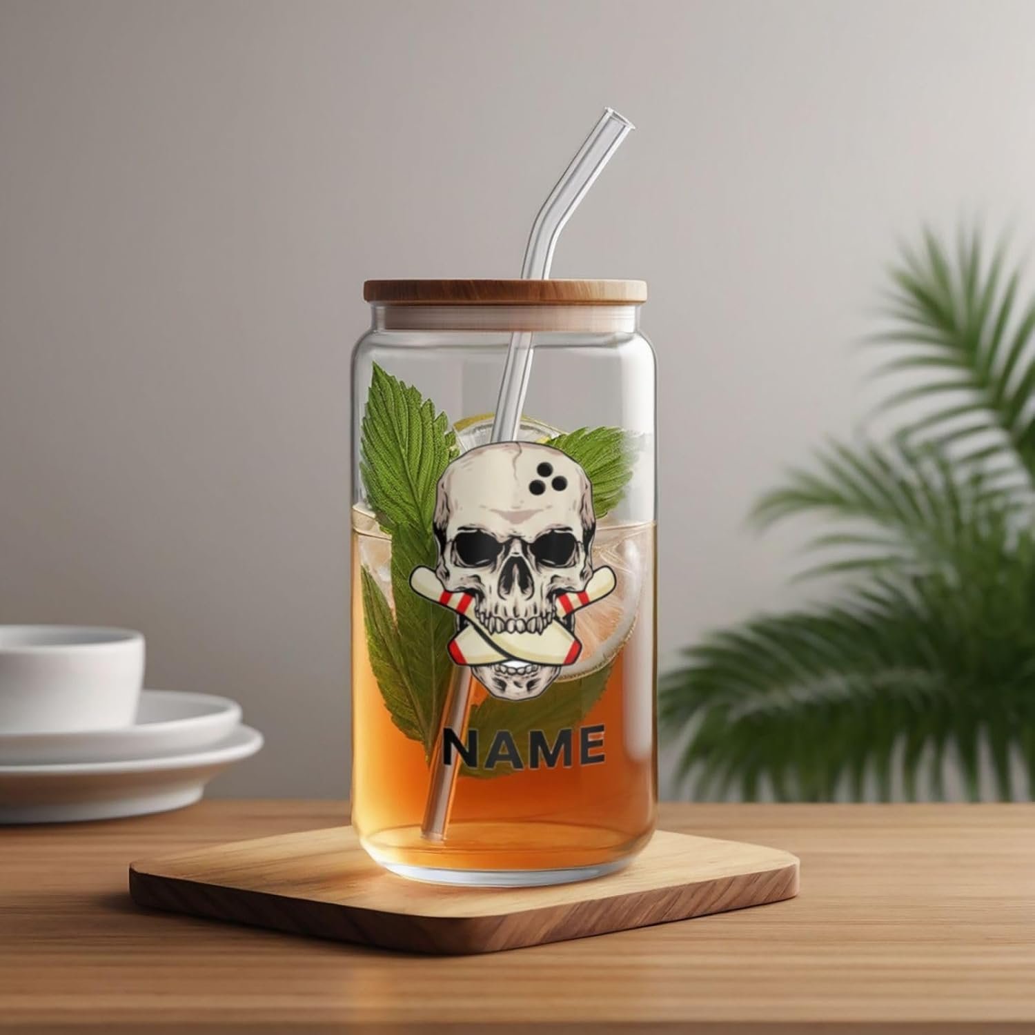 Grossiste Tasse à Café Glacée Personnalisée 16oz avec Couvercle en Bambou et Paille - Personnalisation de Logo - Verre à Bière avec Crâne - Cadeaux Uniques pour Bowlers dans les Ligues de Bowling